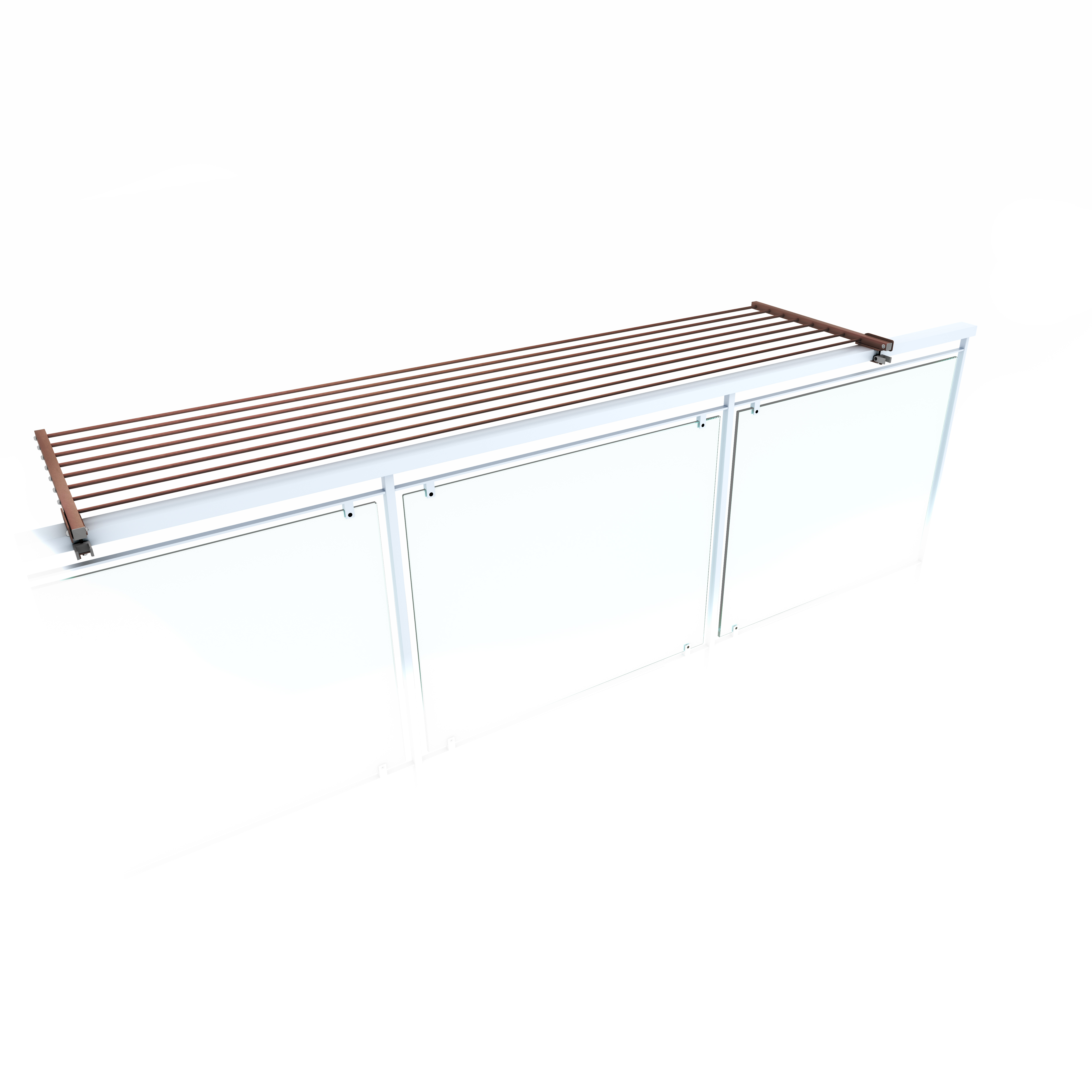 Mobile bianco con piano in legno, su sfondo bianco.