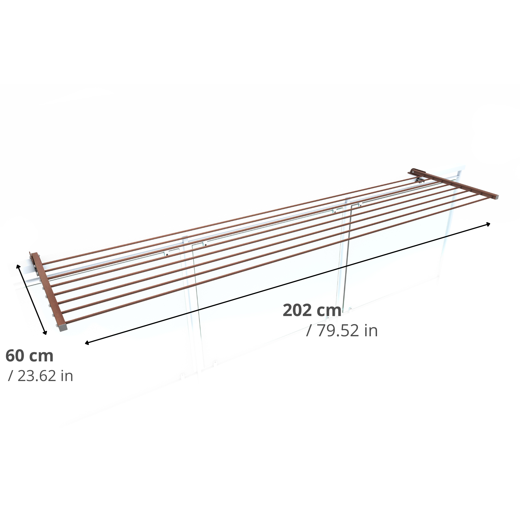Stendibiancheria marrone, montato su parete bianca. Dimensioni: 202 cm x 60 cm.