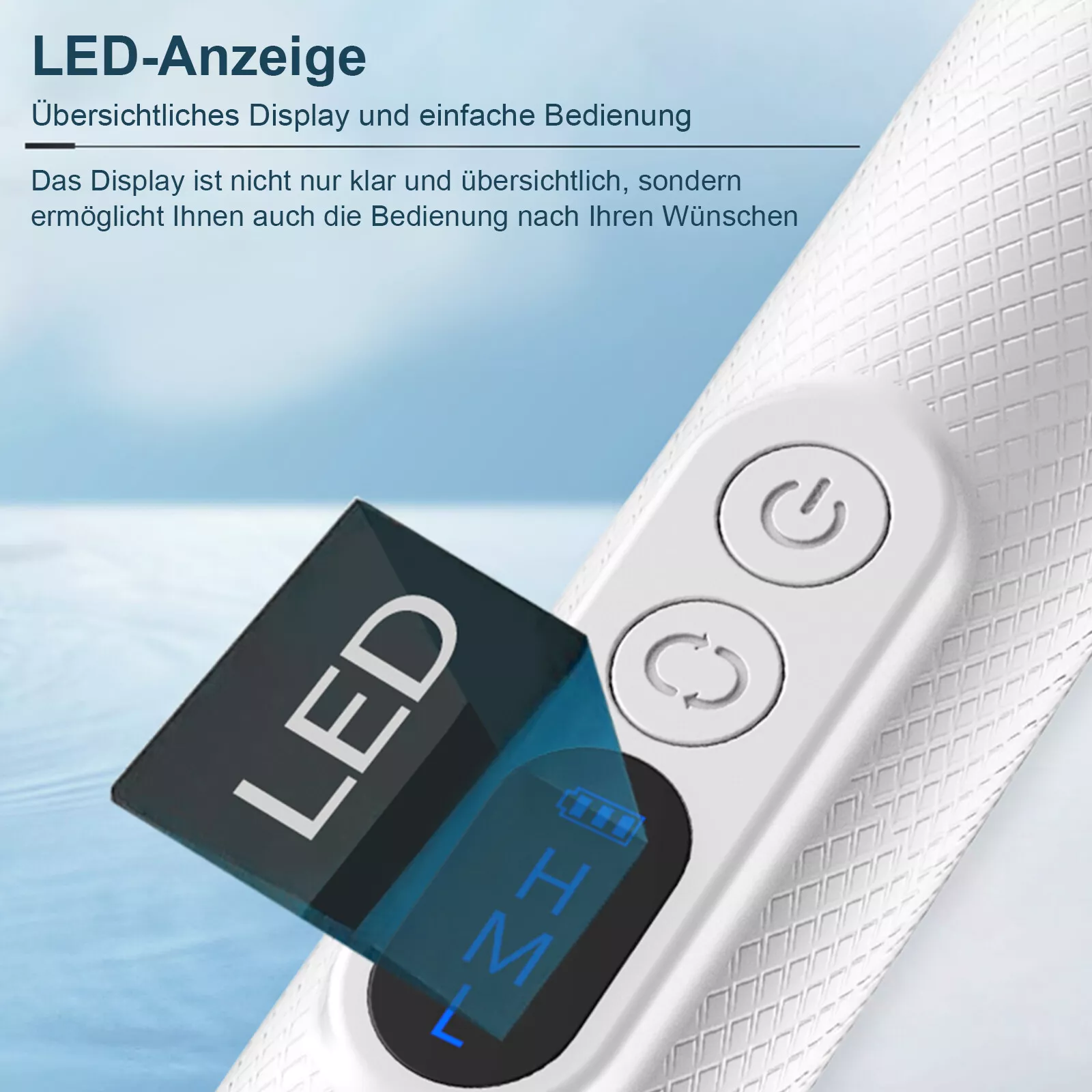 Nahaufnahme eines weißen elektronischen Geräts mit LED-Anzeige, Tasten und Text.
