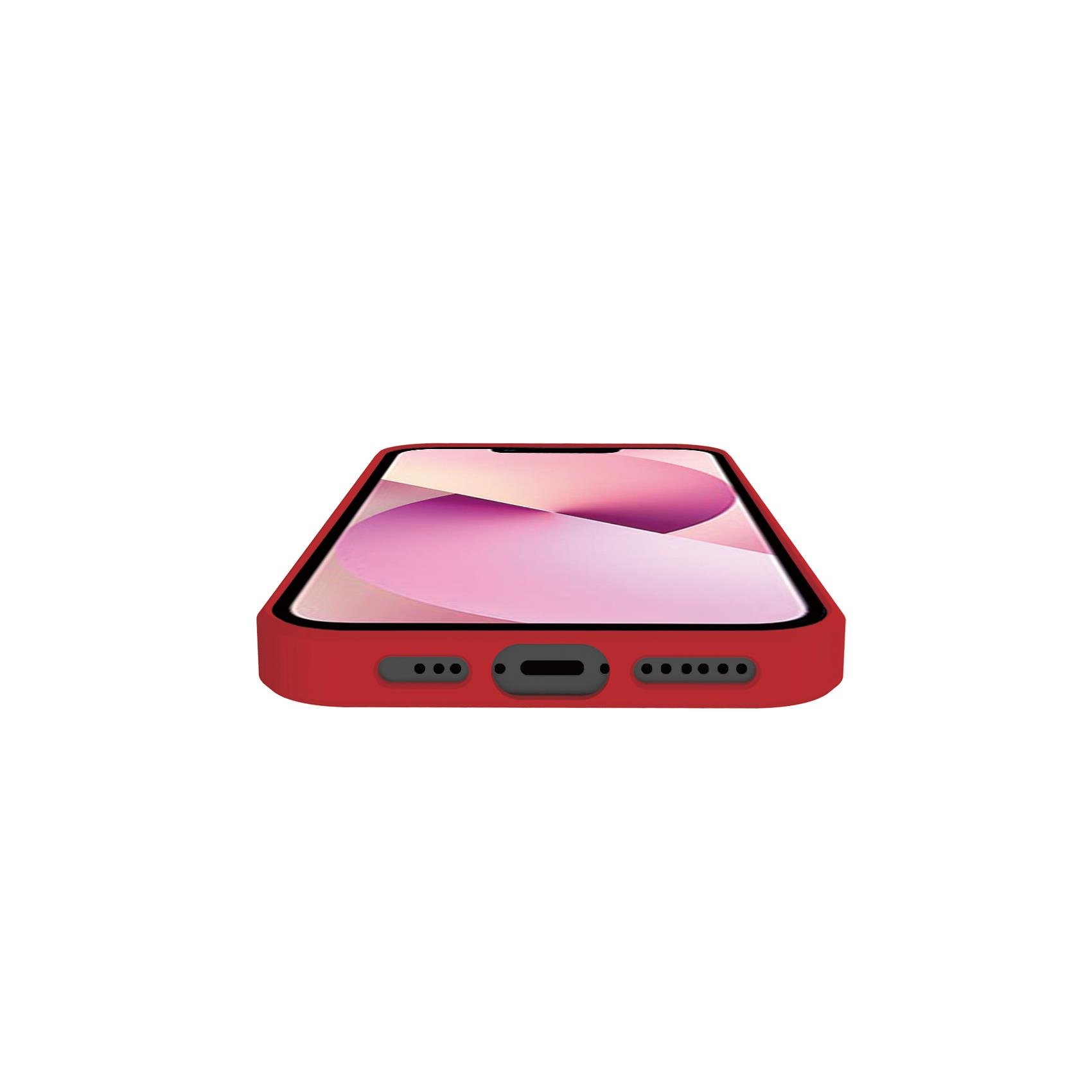 Uno smartphone rosso su sfondo bianco. Lo schermo è visibile.
