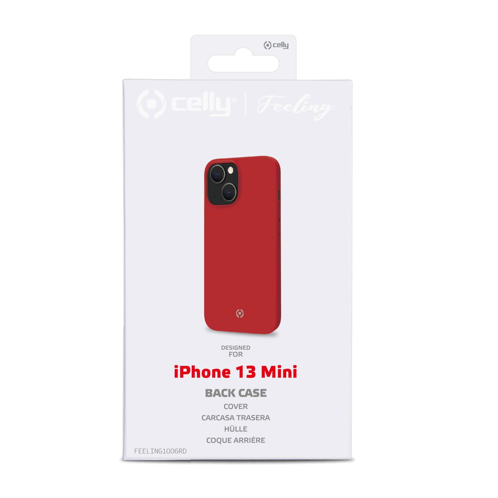 Una scatola per telefono per un iPhone 13 mini con custodia rossa su sfondo bianco.