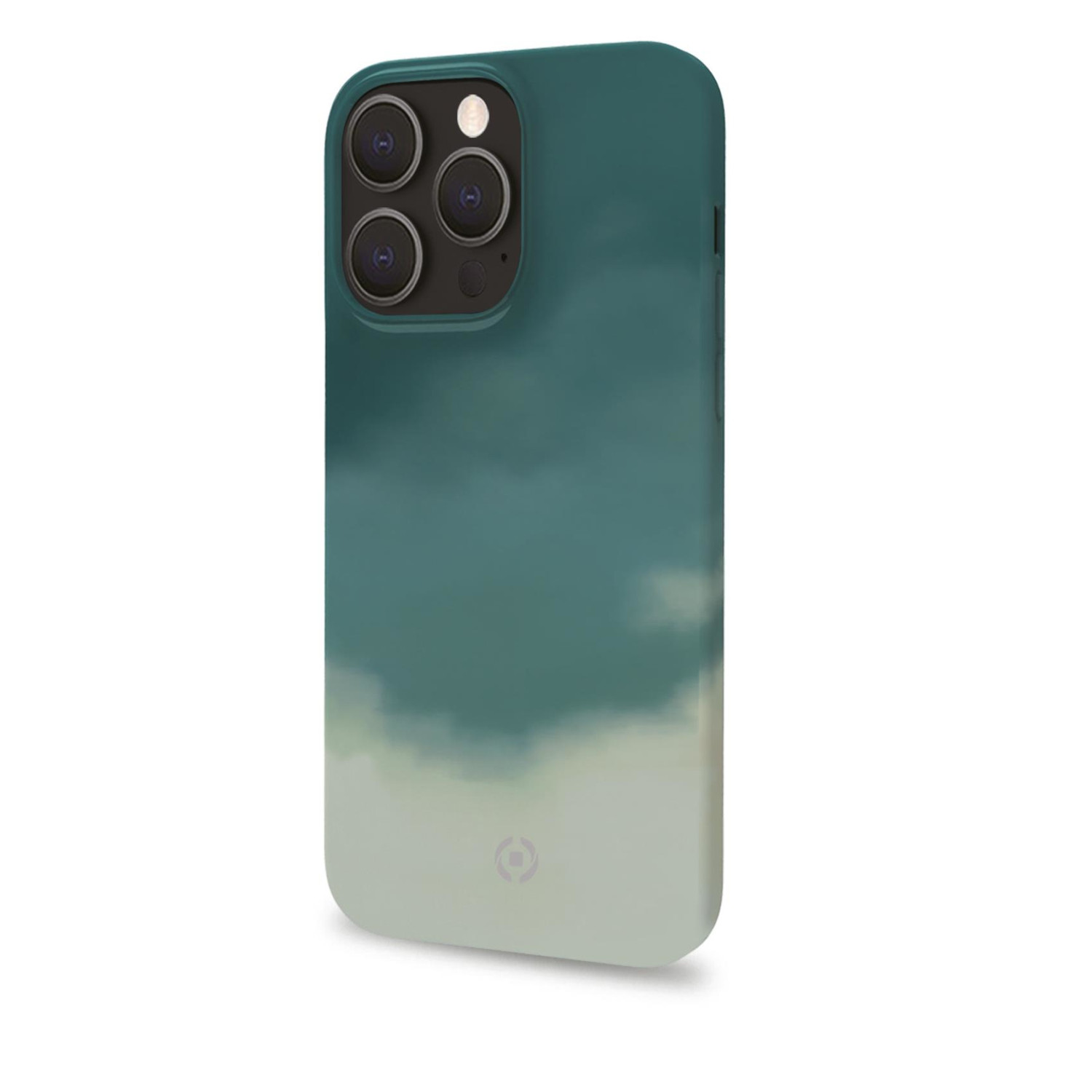 Una custodia per telefono verde acqua e bianca su sfondo bianco.