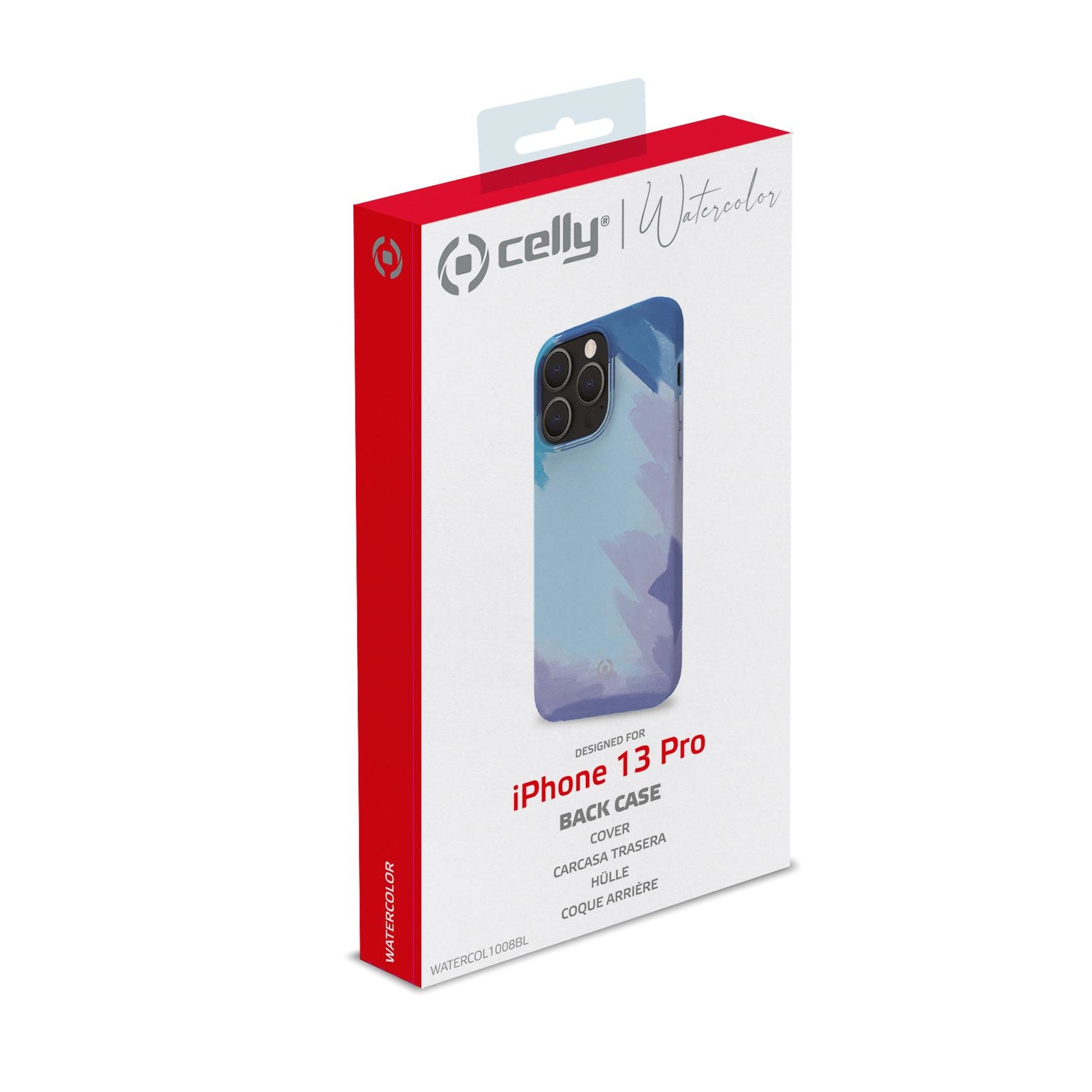 Scatola della custodia per iPhone 13 Pro. Rossa e bianca, con immagine della custodia. Custodia blu, design acquerello.