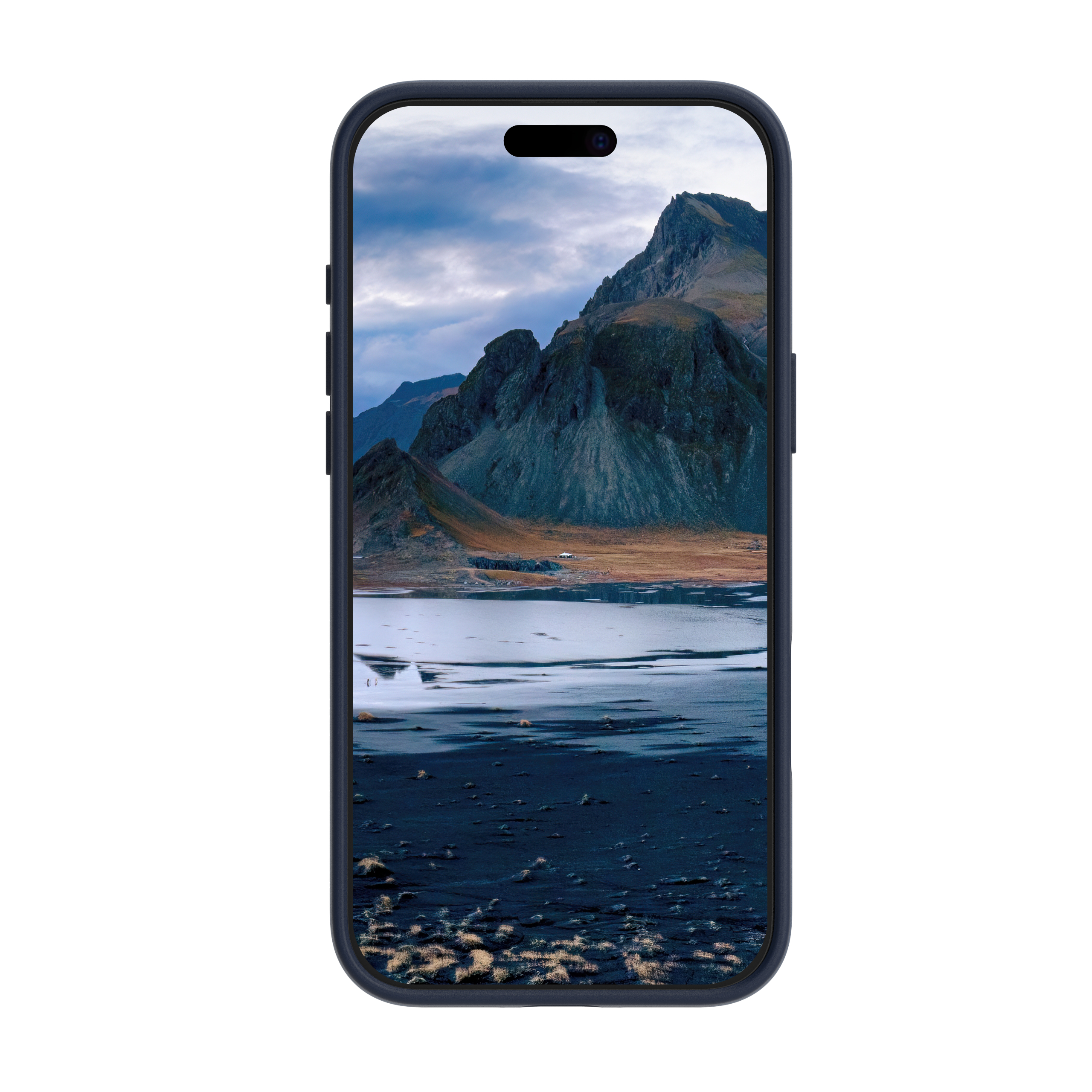 Un telefono con una foto di paesaggio sullo schermo. Il telefono è in una custodia.