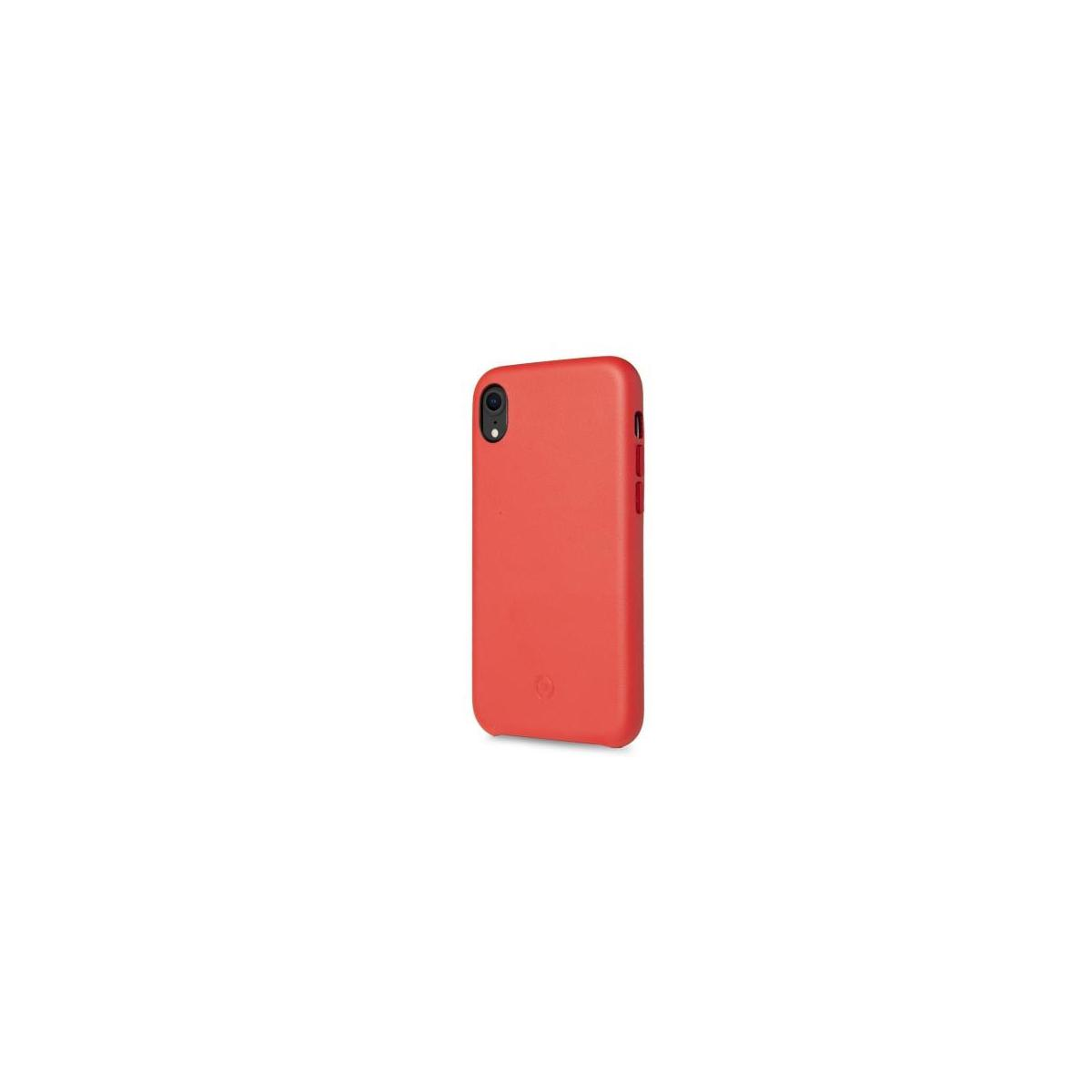 Una custodia per telefono rossa. Il telefono ha una singola fotocamera e pulsanti laterali.
