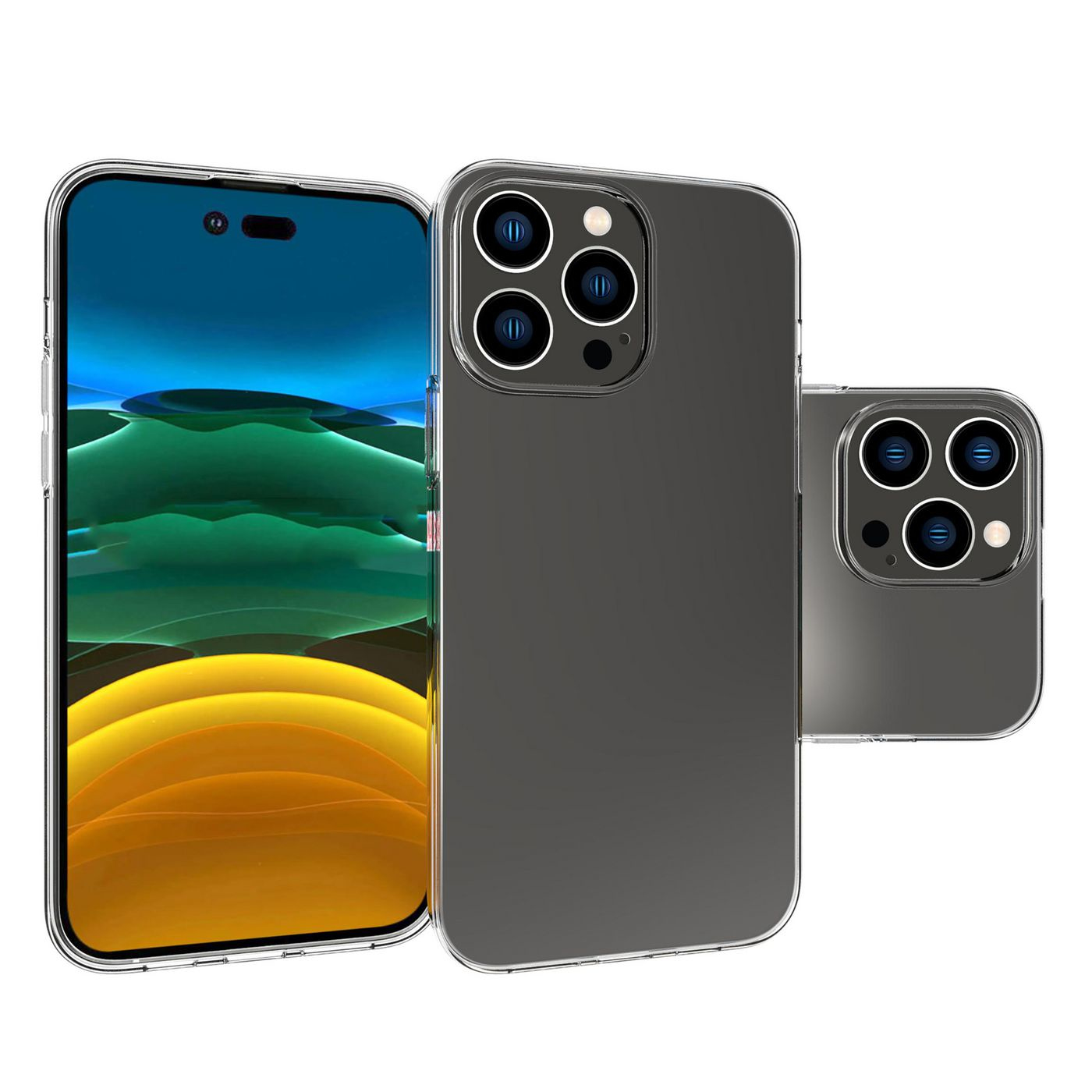 Tre telefoni con custodie, uno a sinistra, due a destra.
