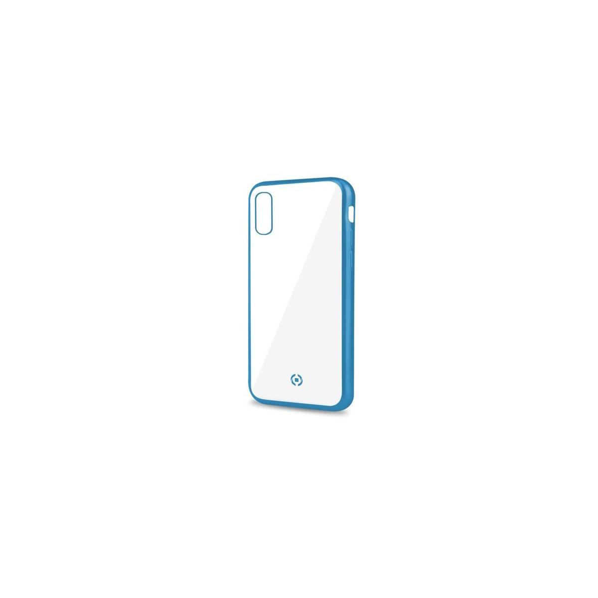 Custodia per telefono, cornice blu, retro bianco, trasparente. Un logo è sul retro.