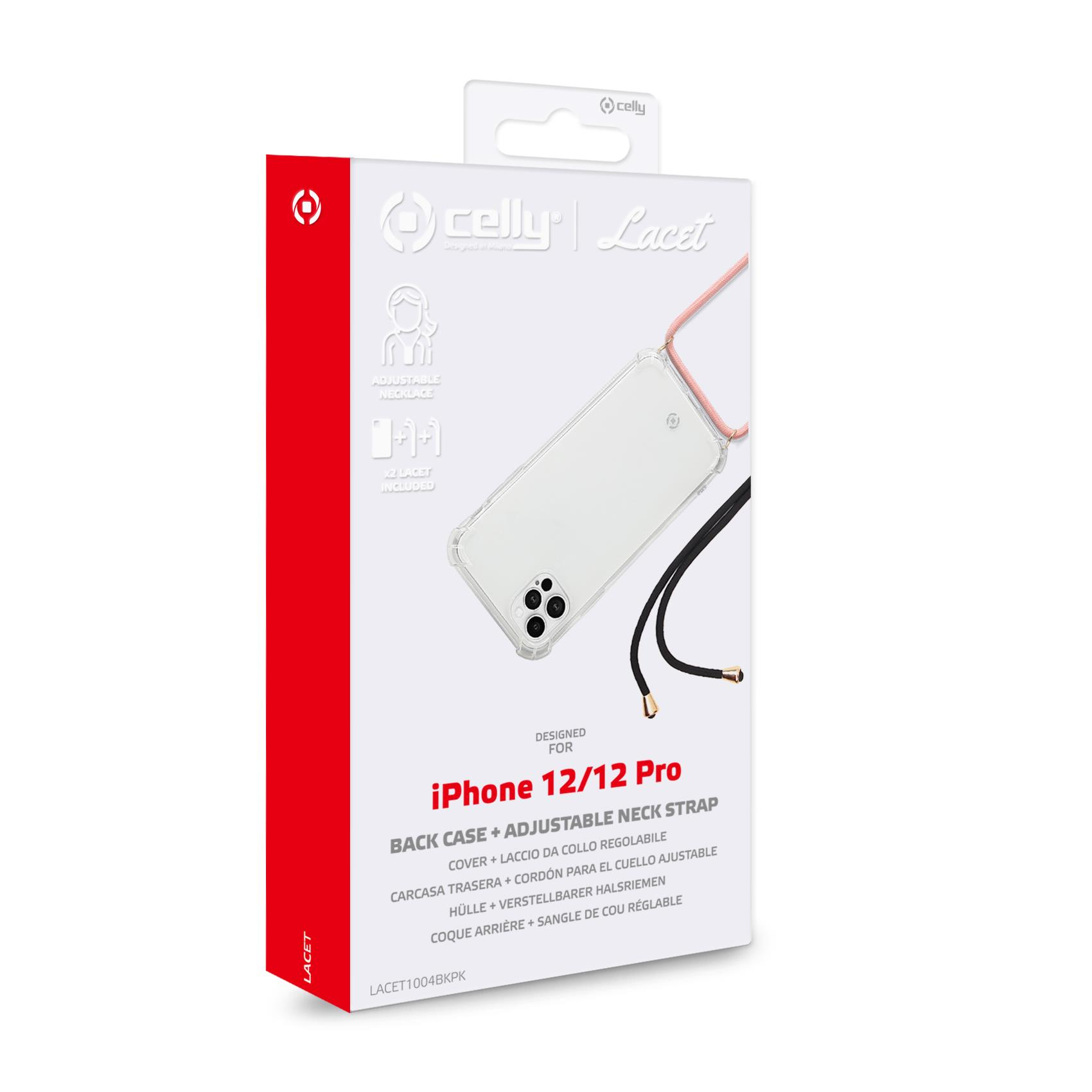 Confezione della custodia posteriore Celly iPhone 12/12 Pro con cinturino da collo.