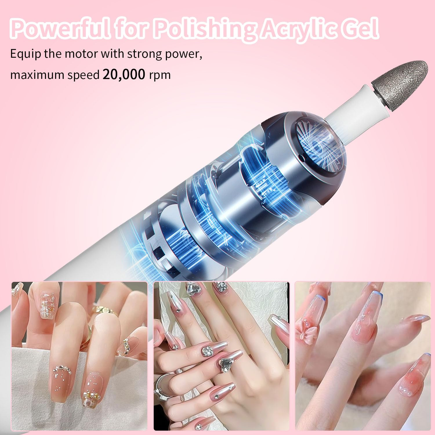 Nagelbohrer mit Nagelkunstbeispielen. Der Text lautet: Leistungsstark zum Polieren von Acrylgel.