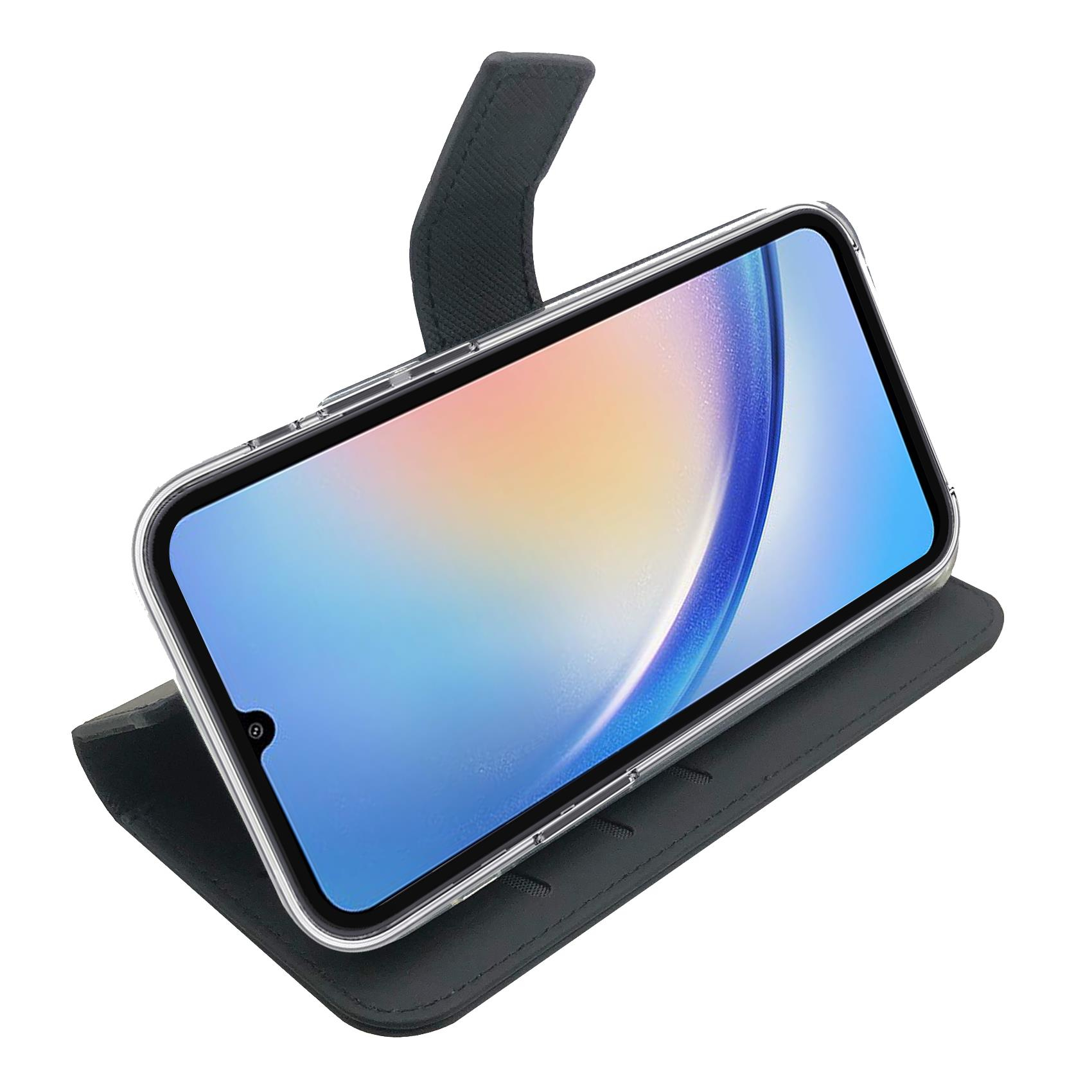 Uno smartphone in una custodia trasparente, aperto in una custodia nera a portafoglio, isolato su bianco.
