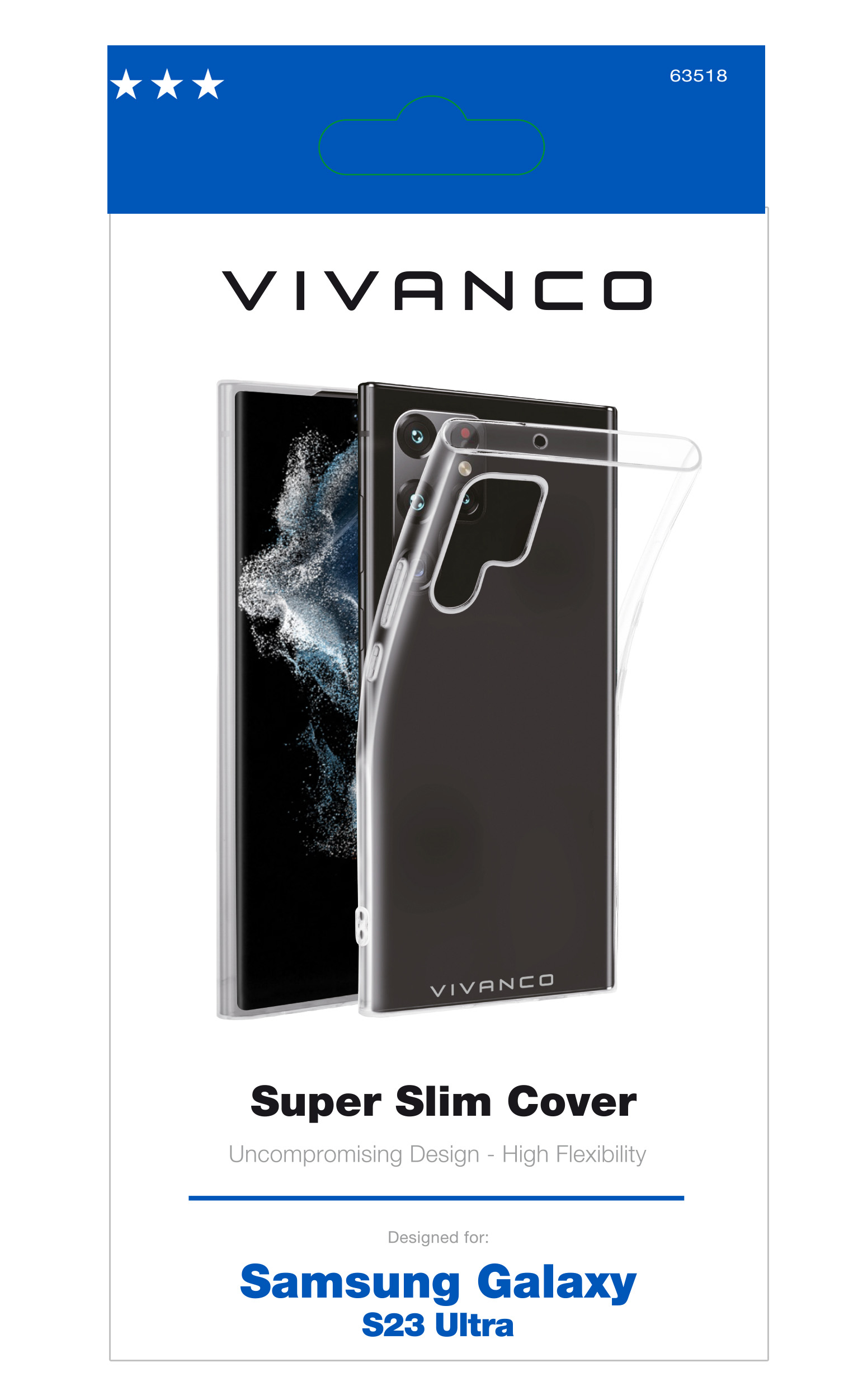 Confezione del prodotto per una custodia trasparente per Samsung Galaxy S23 Ultra.