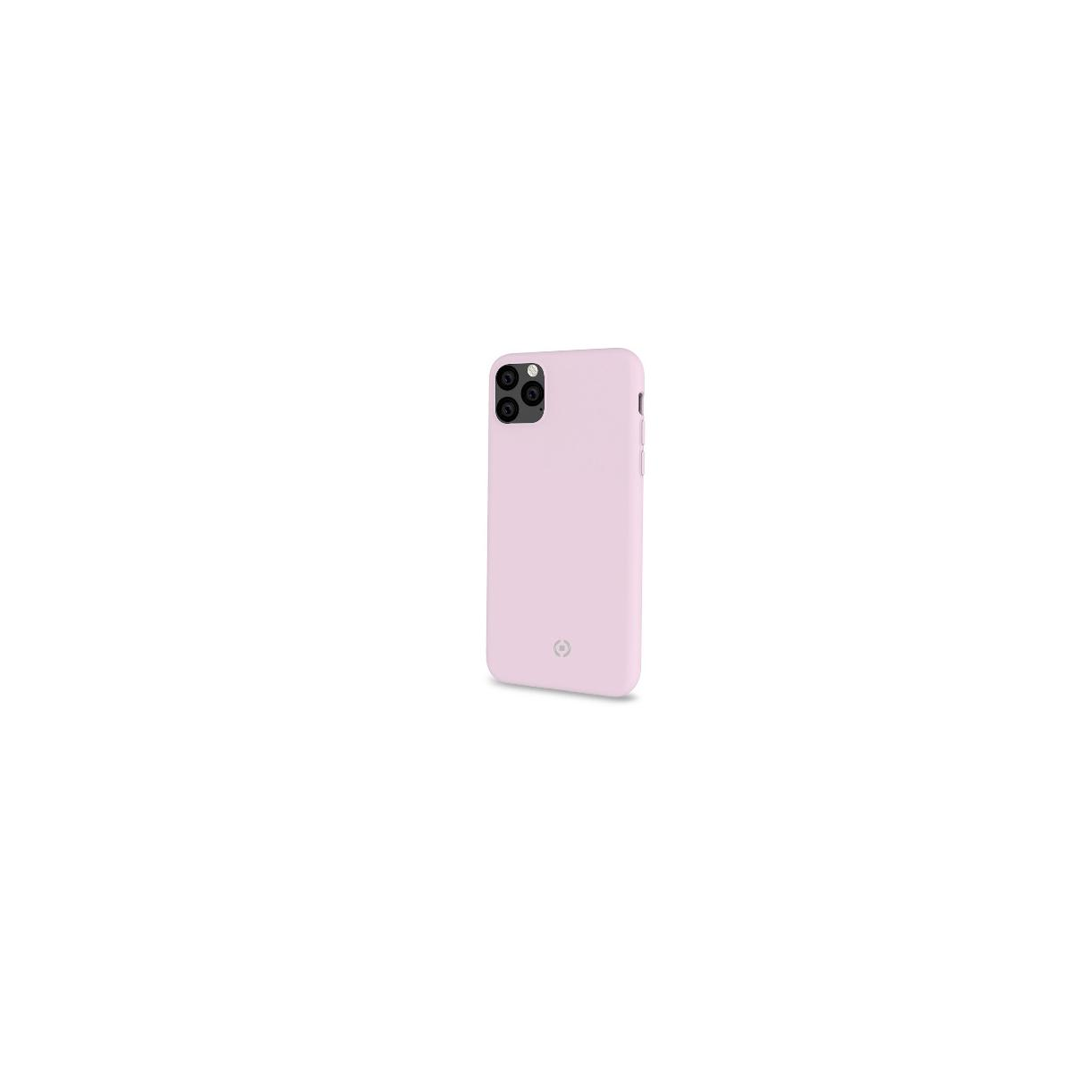 Una custodia rosa per smartphone su sfondo bianco, con il telefono all'interno.
