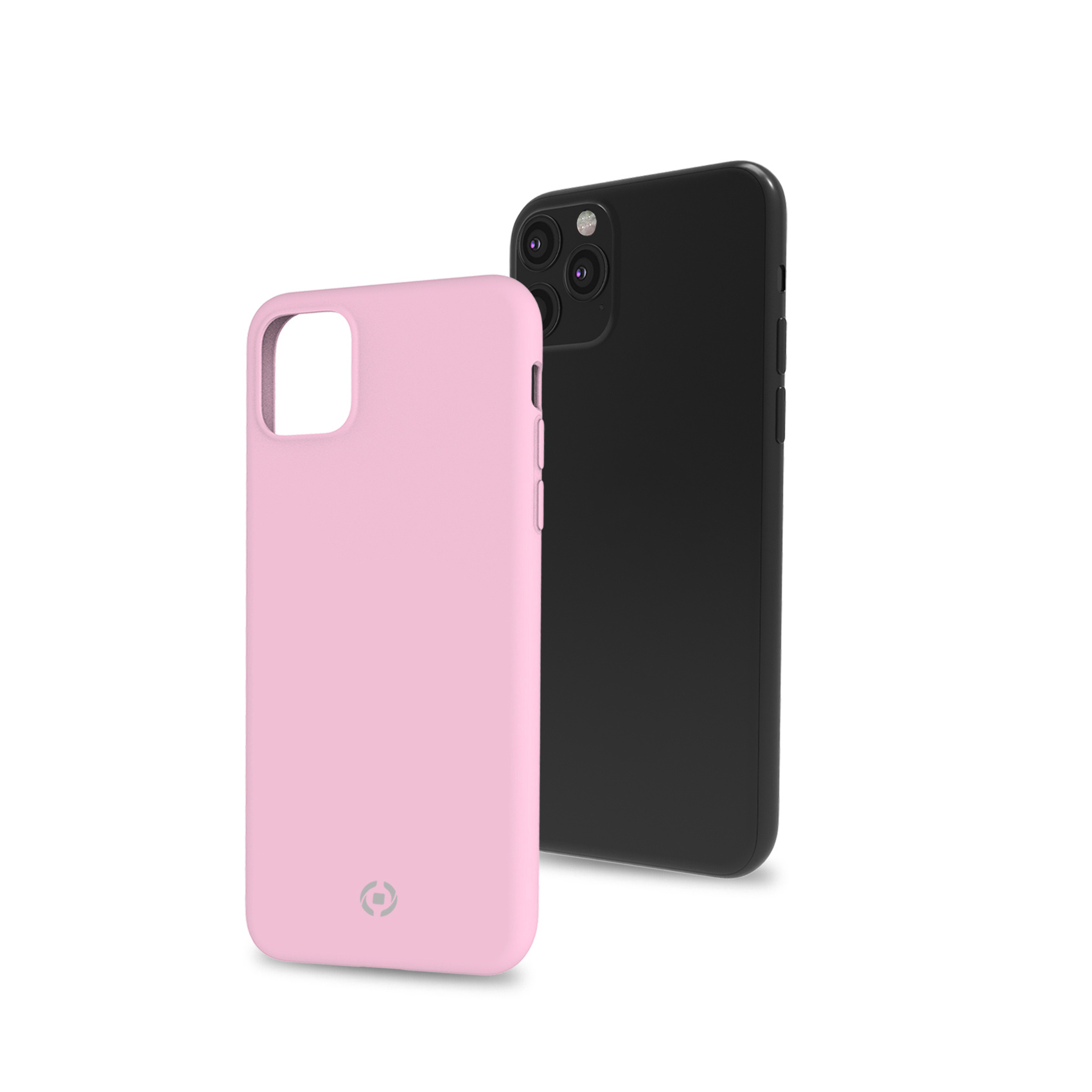 Custodia per telefono rosa, con un telefono nero all'interno. Il telefono è in mostra.