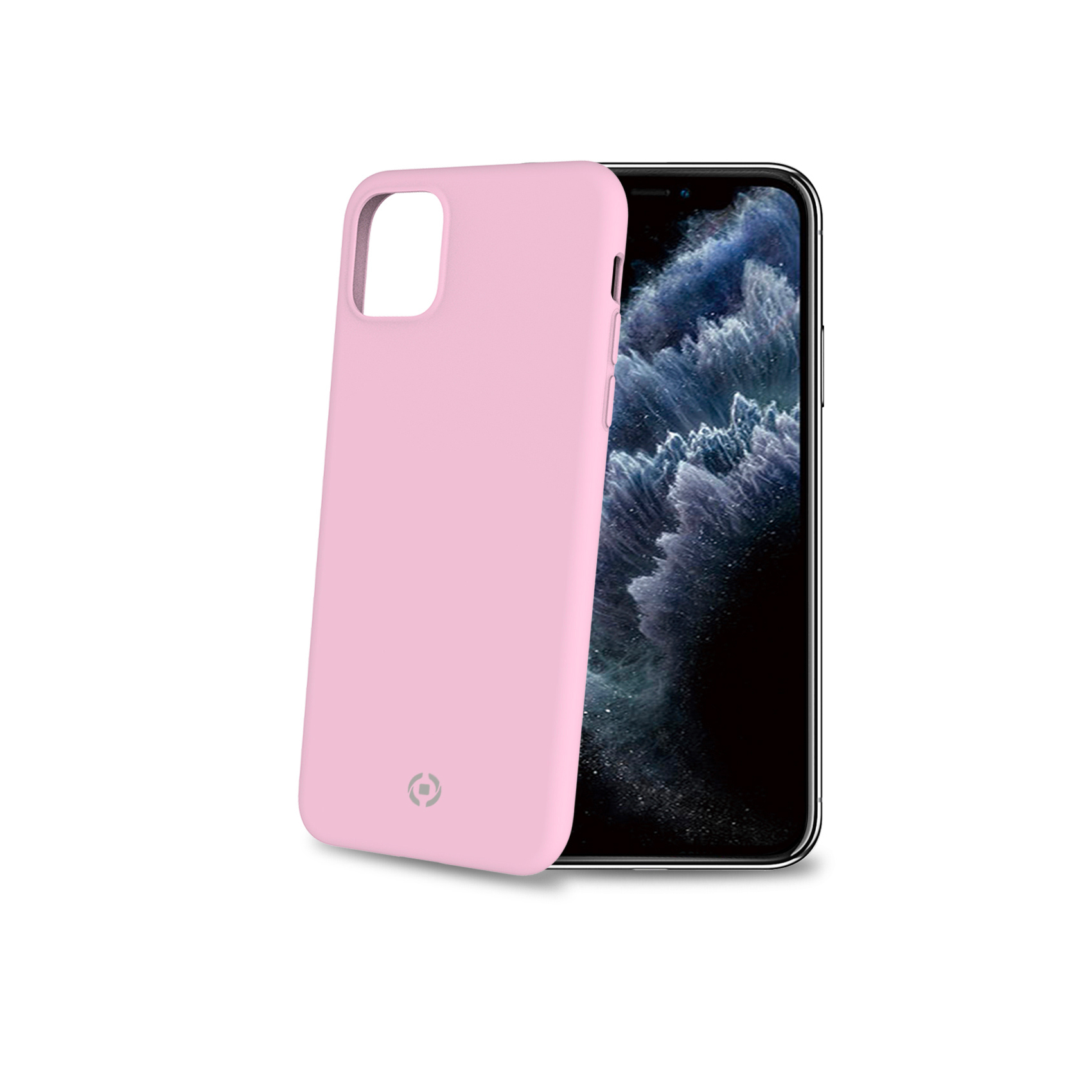 Custodia per telefono rosa con un telefono inserito. Il telefono mostra uno schermo scuro.