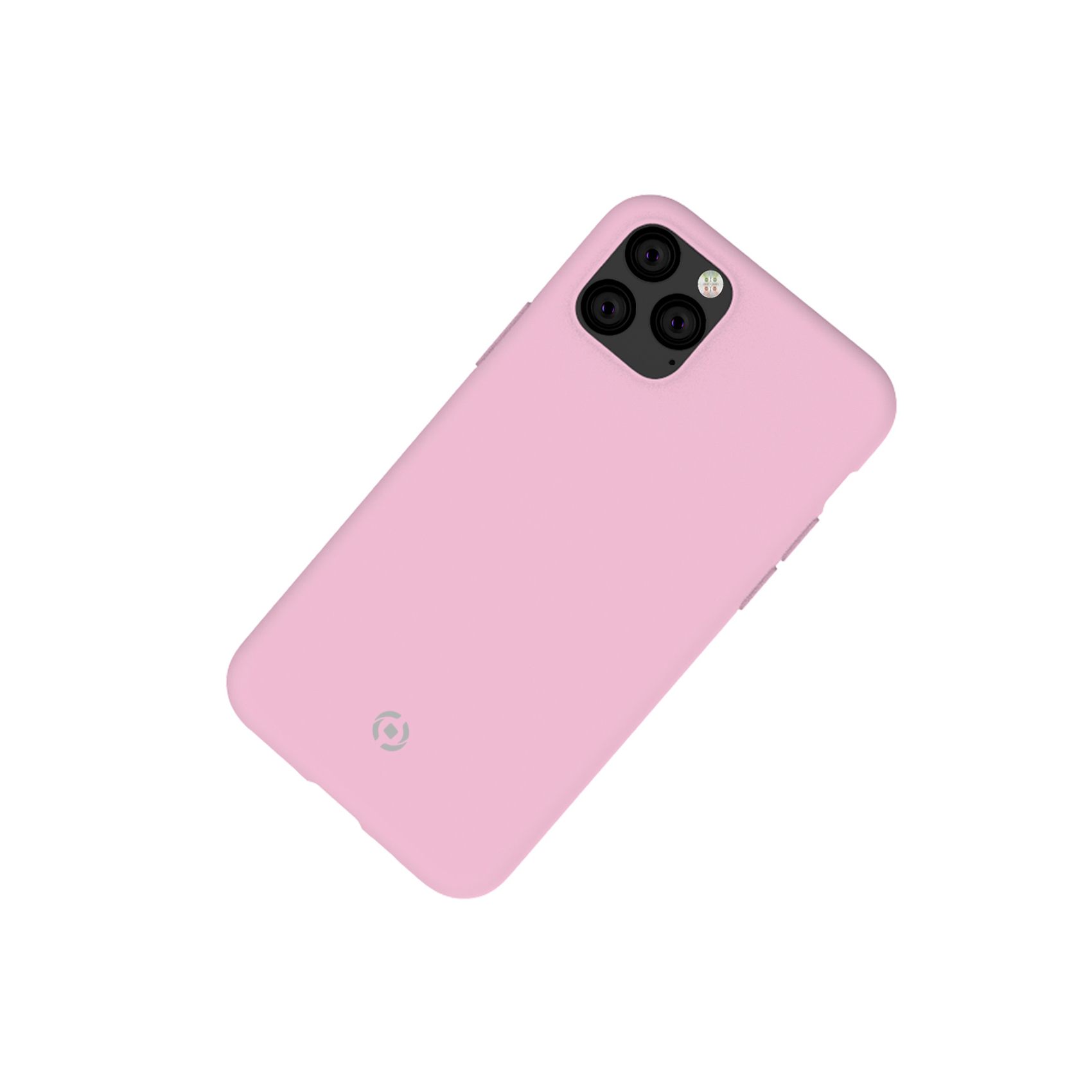 Custodia per telefono rosa su sfondo bianco. La custodia ha un logo sul retro inferiore. Telefono dentro.