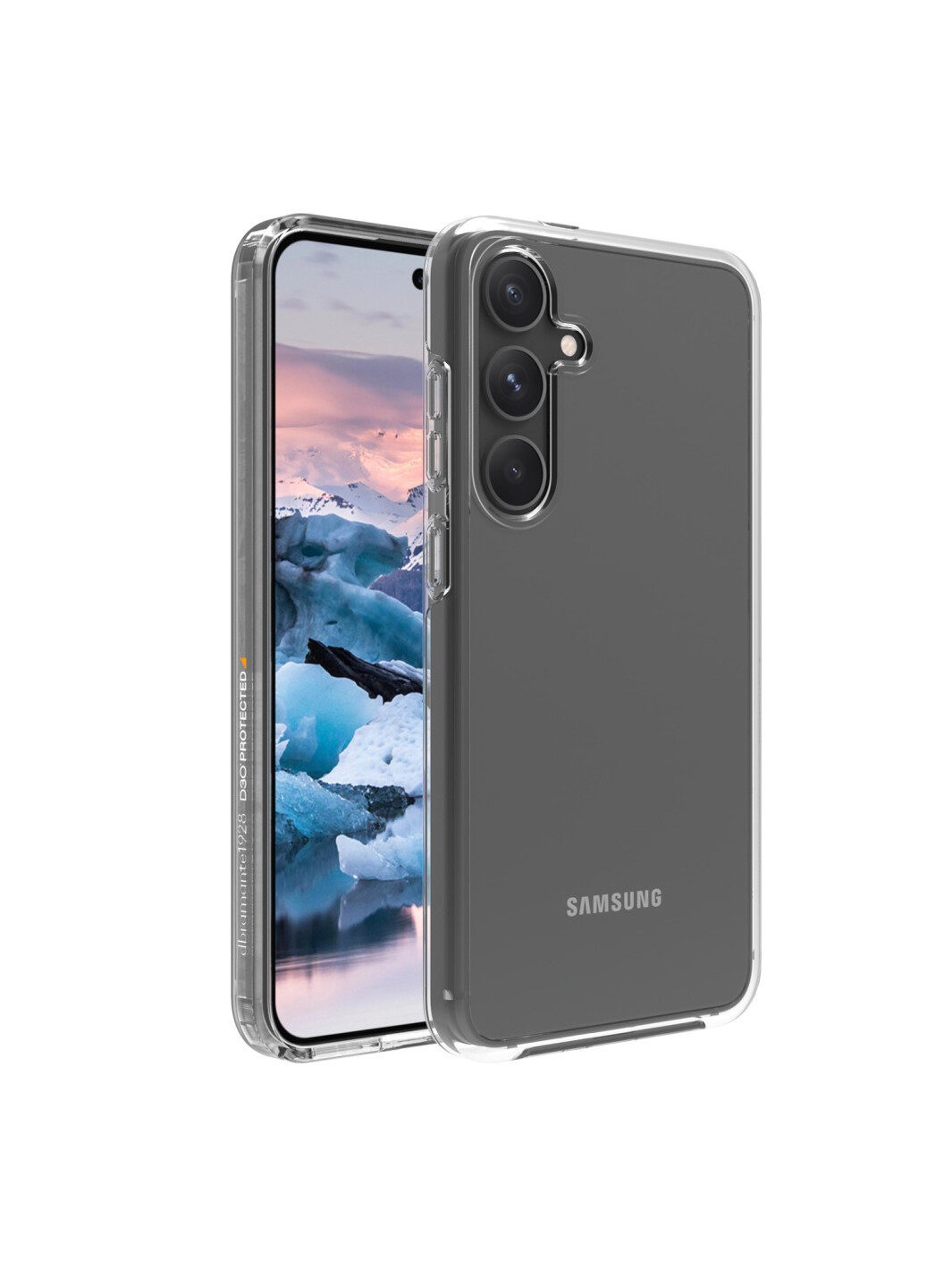 Telefono Samsung in una custodia trasparente. Il telefono è in mostra. La custodia ha pulsanti e fori per la fotocamera.