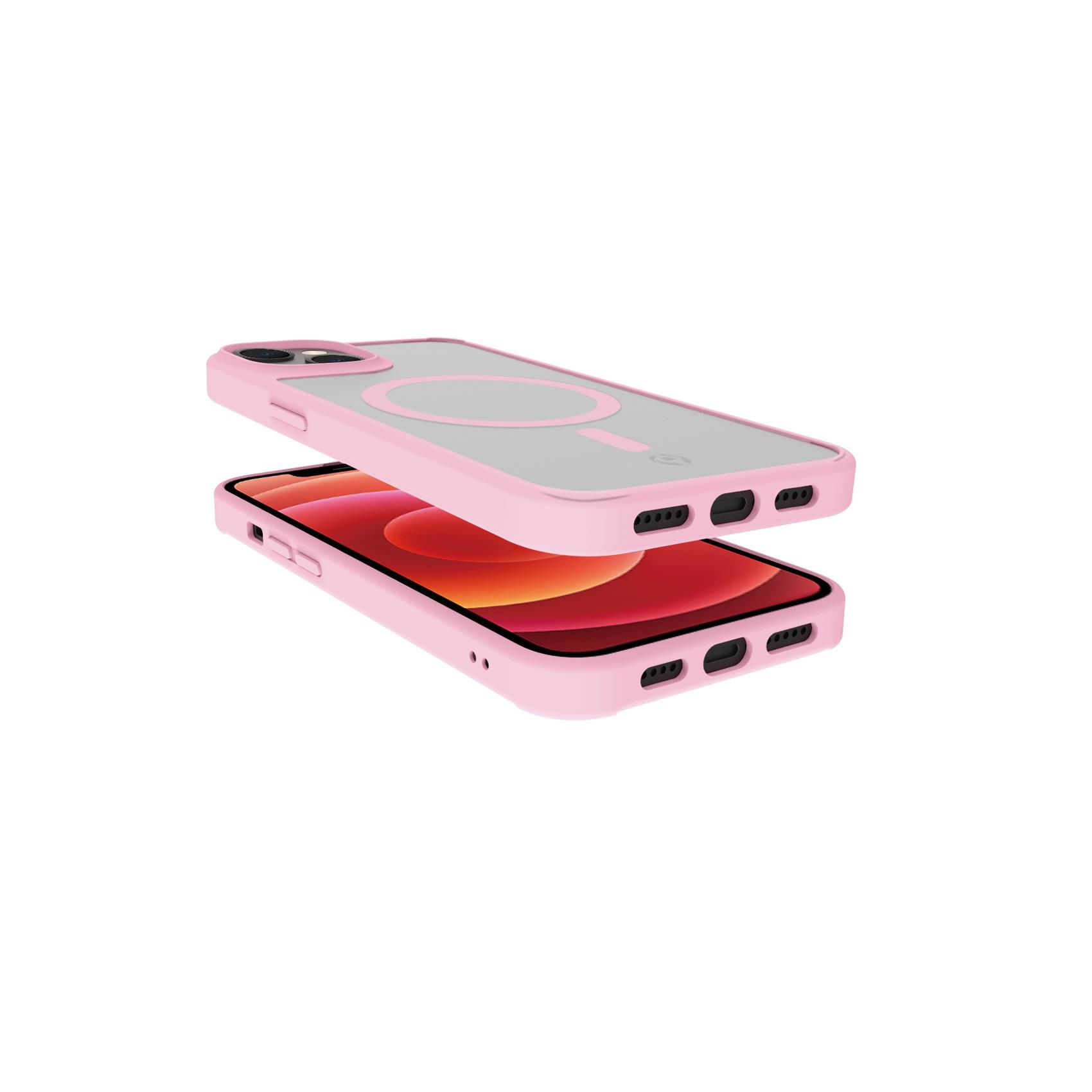 Telefono rosa con custodia rosa. La custodia ha un cerchio trasparente sul retro. Telefono è su bianco.