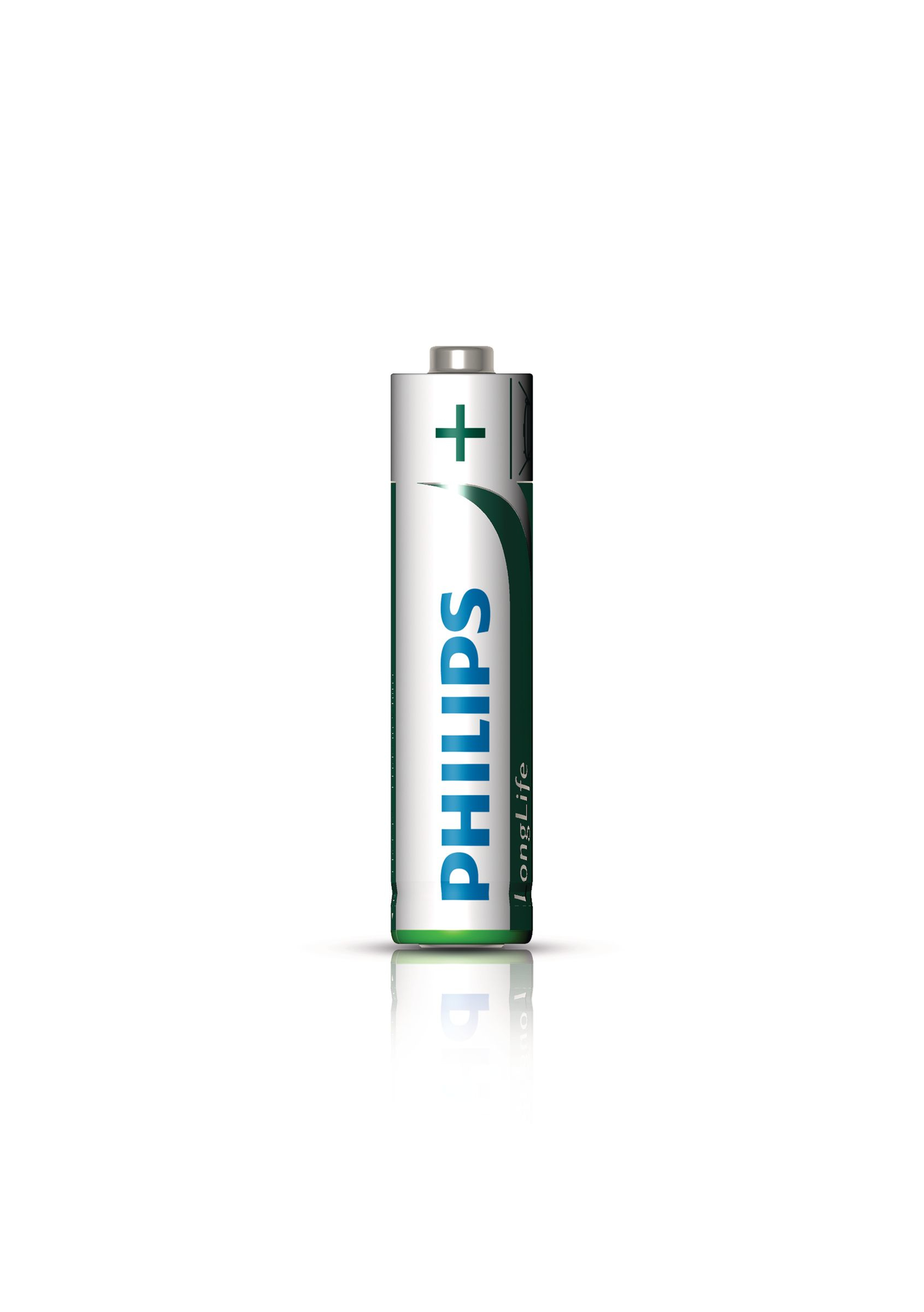 Una batteria AA Philips bianca. Ha una striscia verde e i simboli Philips e più.