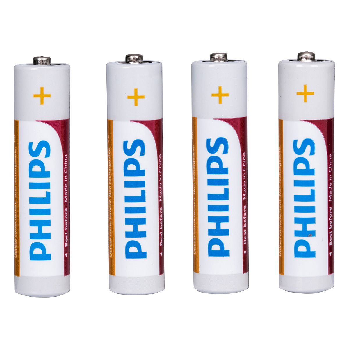 Quattro batterie AA Philips bianche. Ognuna ha un segno più e il logo Philips.