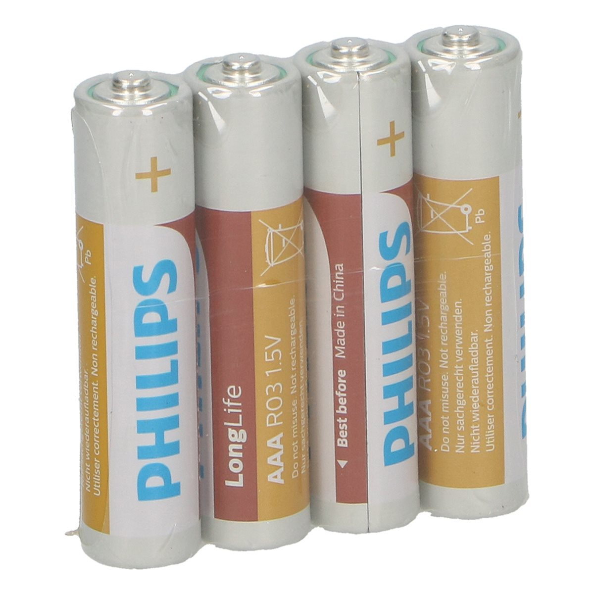 Quattro batterie Philips AAA da 1,5 V in una confezione di plastica trasparente con simboli positivi e Pb.