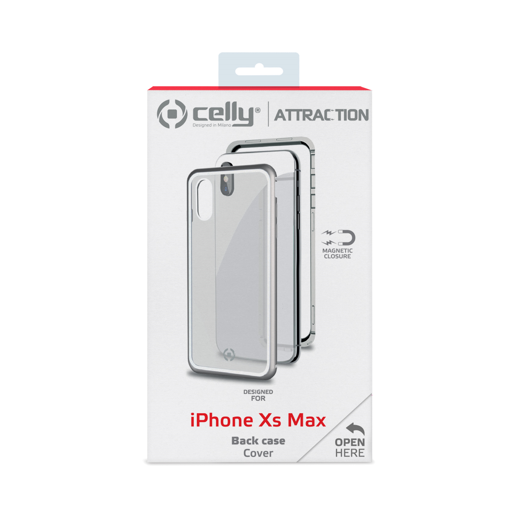 Una scatola per custodia per telefono con una cover posteriore per iPhone Xs Max e un'etichetta di chiusura magnetica.