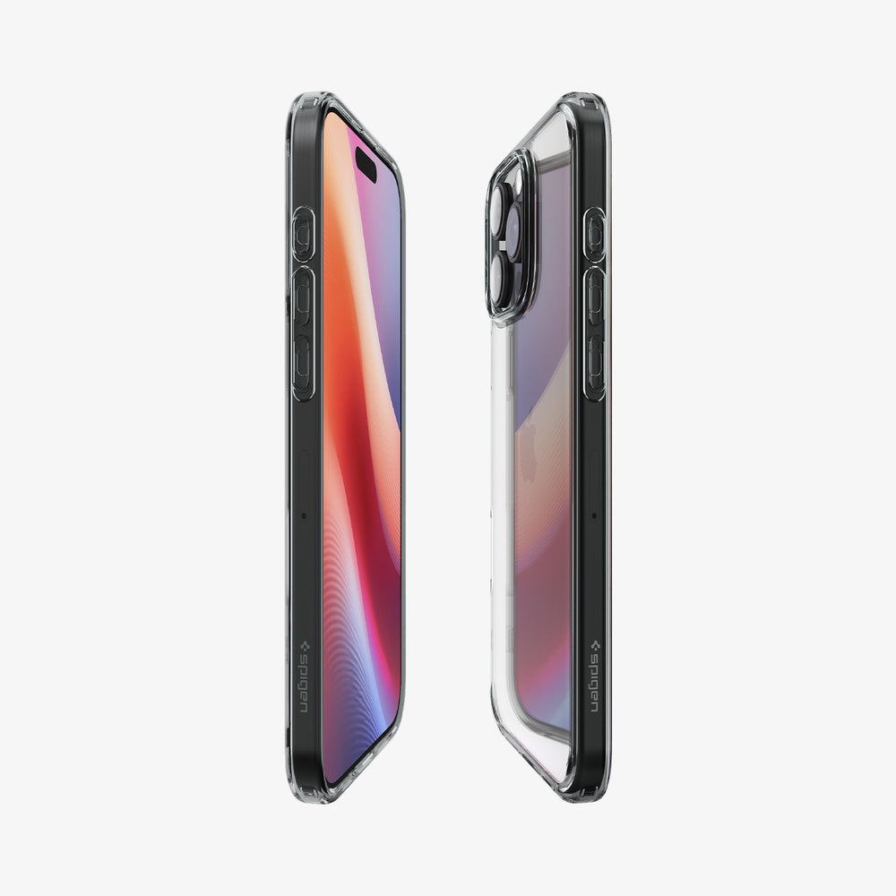 Due custodie trasparenti per telefono, con un telefono all'interno, viste di lato.