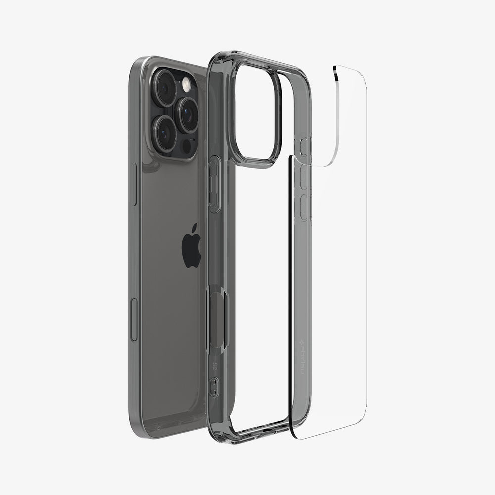 Custodia per telefono con telefono all'interno. Anteriore e posteriore trasparenti. Logo Apple visibile.