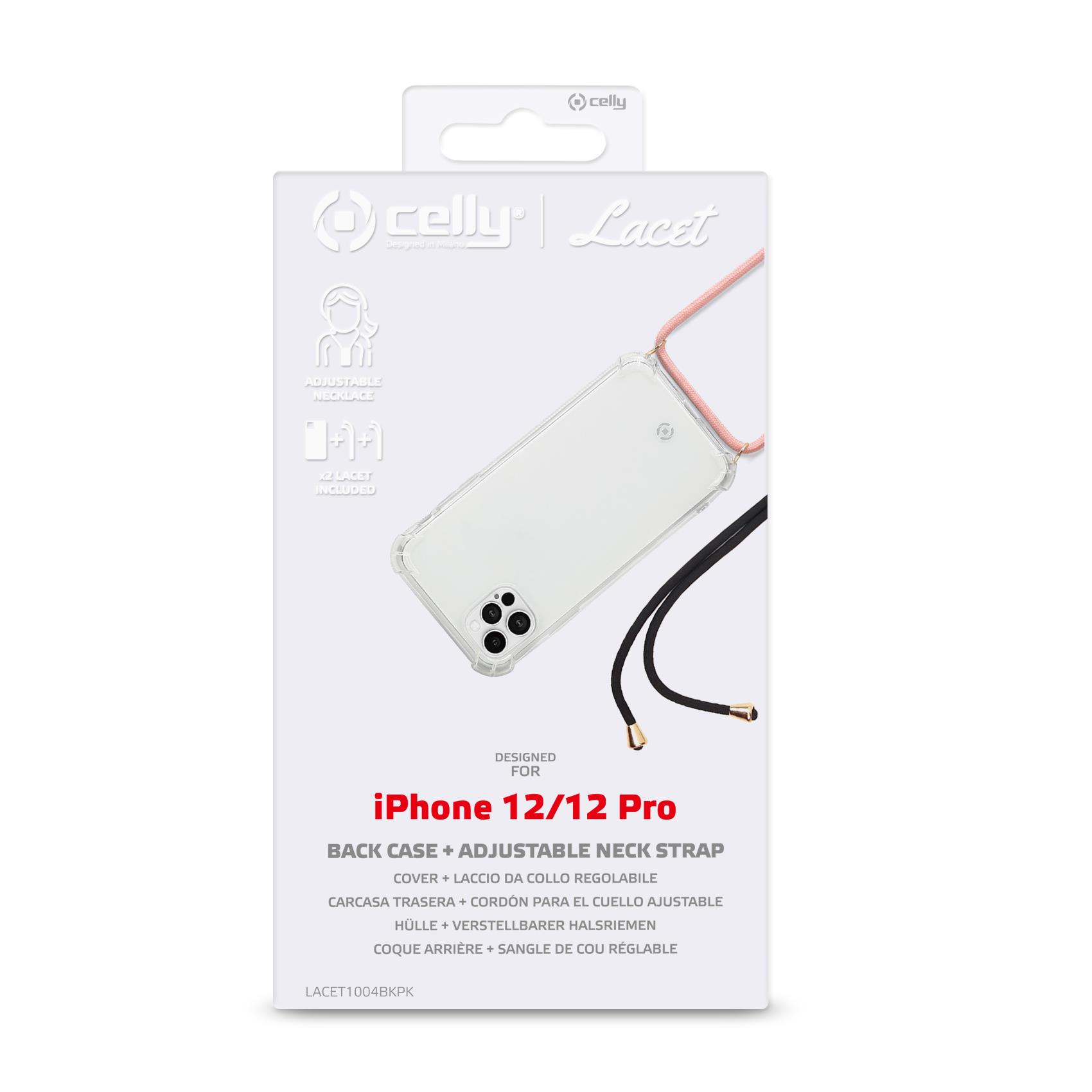 Una scatola per custodia per iPhone 12/12 Pro, inclusa una cover posteriore e un cinturino regolabile.