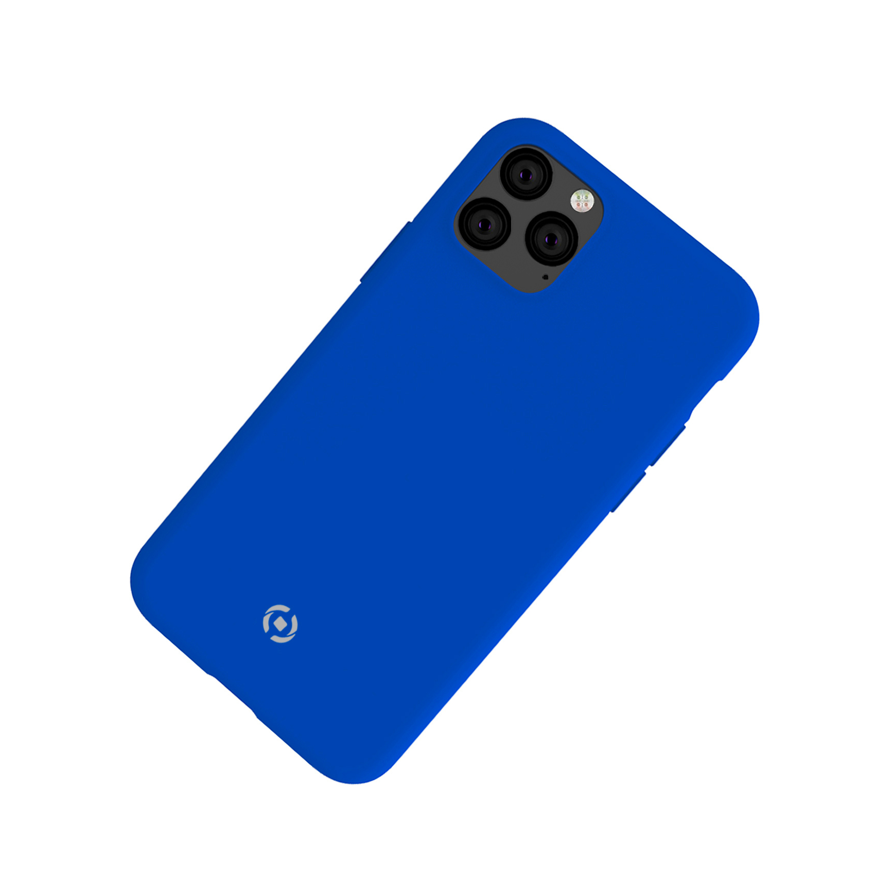 Blaue Handyhülle auf weißem Hintergrund. Die Hülle ist angewinkelt und hat einen Kameraausschnitt.