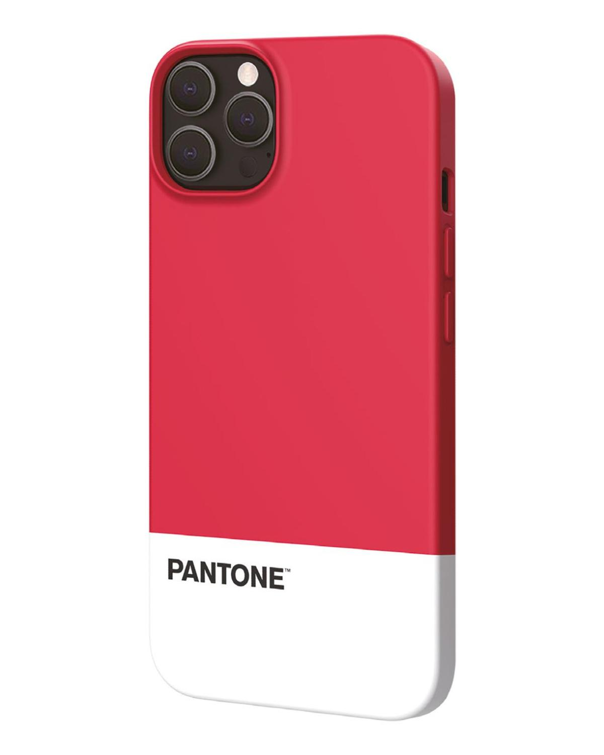 Custodia per telefono rossa e bianca. Ha la scritta 'PANTONE' e un ritaglio per la fotocamera.