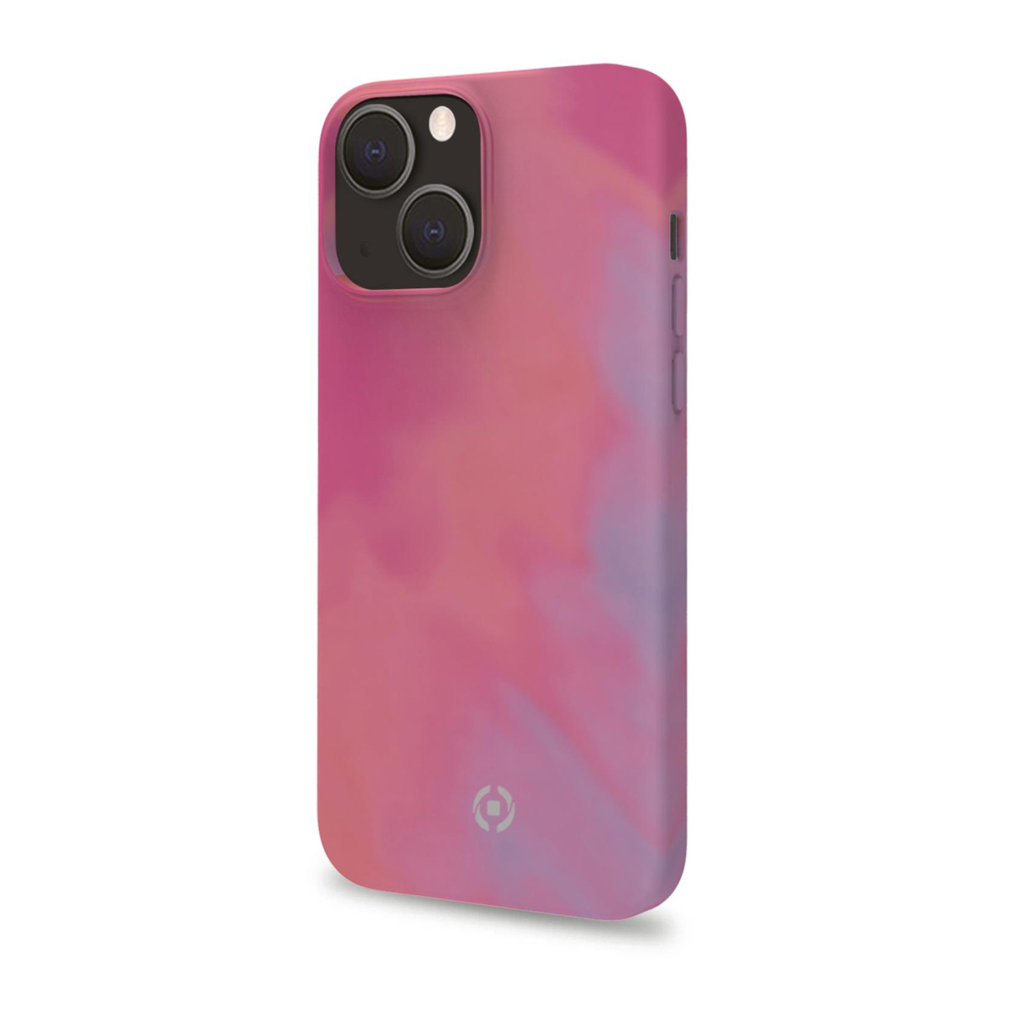 Custodia rosa su un telefono. La custodia ha un colore sfumato, il telefono una fotocamera.