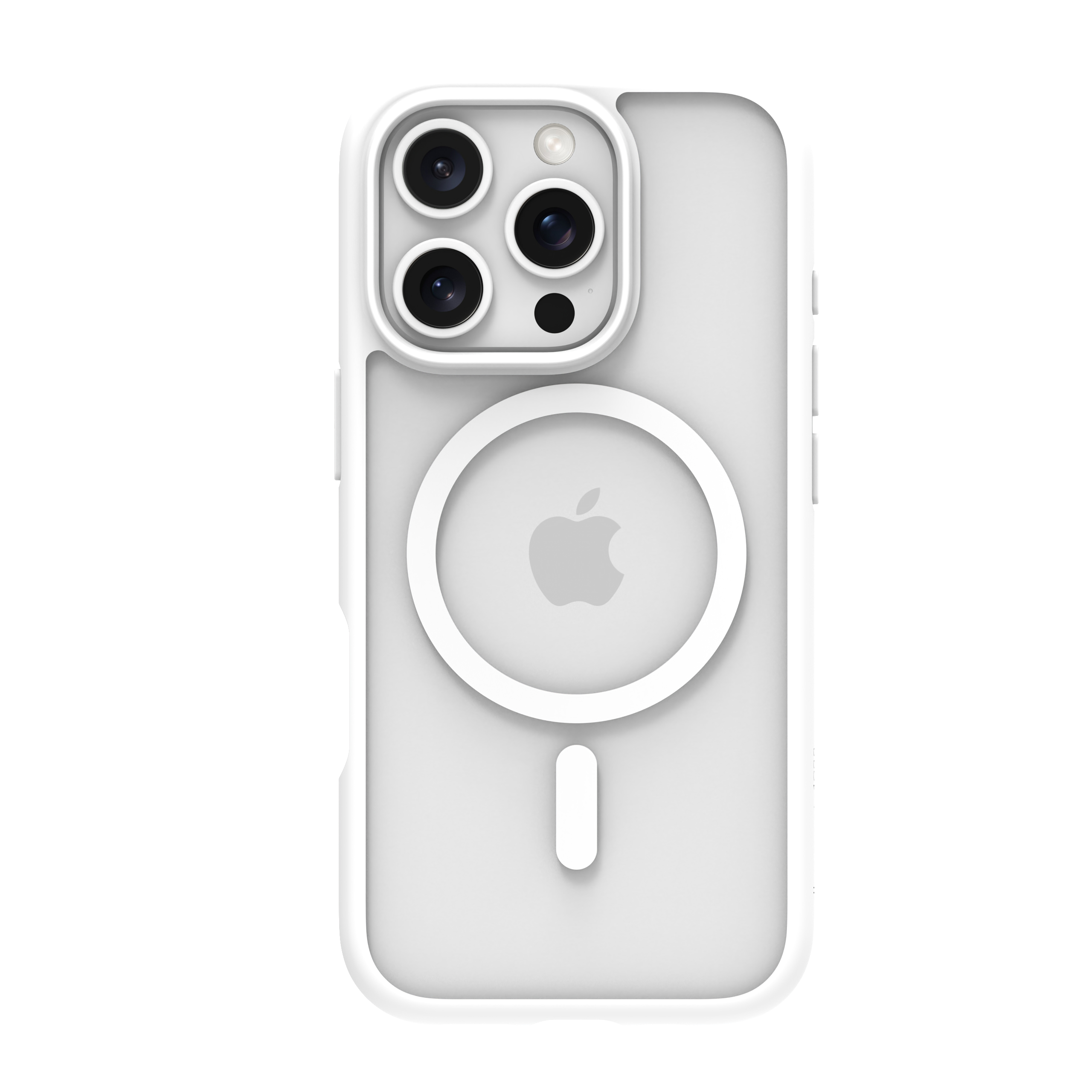 Custodia bianca per telefono. Ha un cerchio bianco e un ritaglio per fotocamera, mostrando il logo Apple.