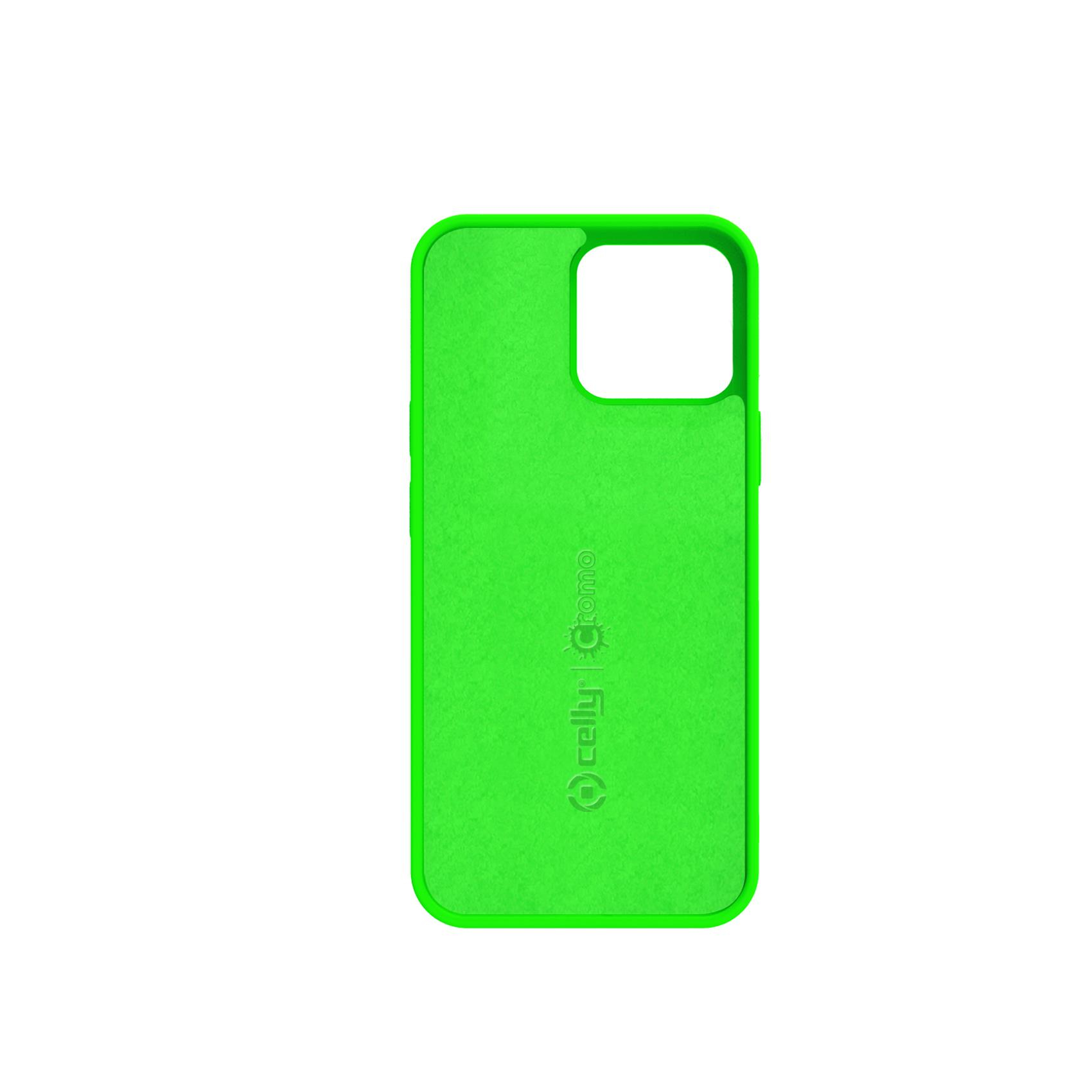 Custodia per telefono verde brillante su sfondo bianco, con ritaglio della fotocamera visibile.