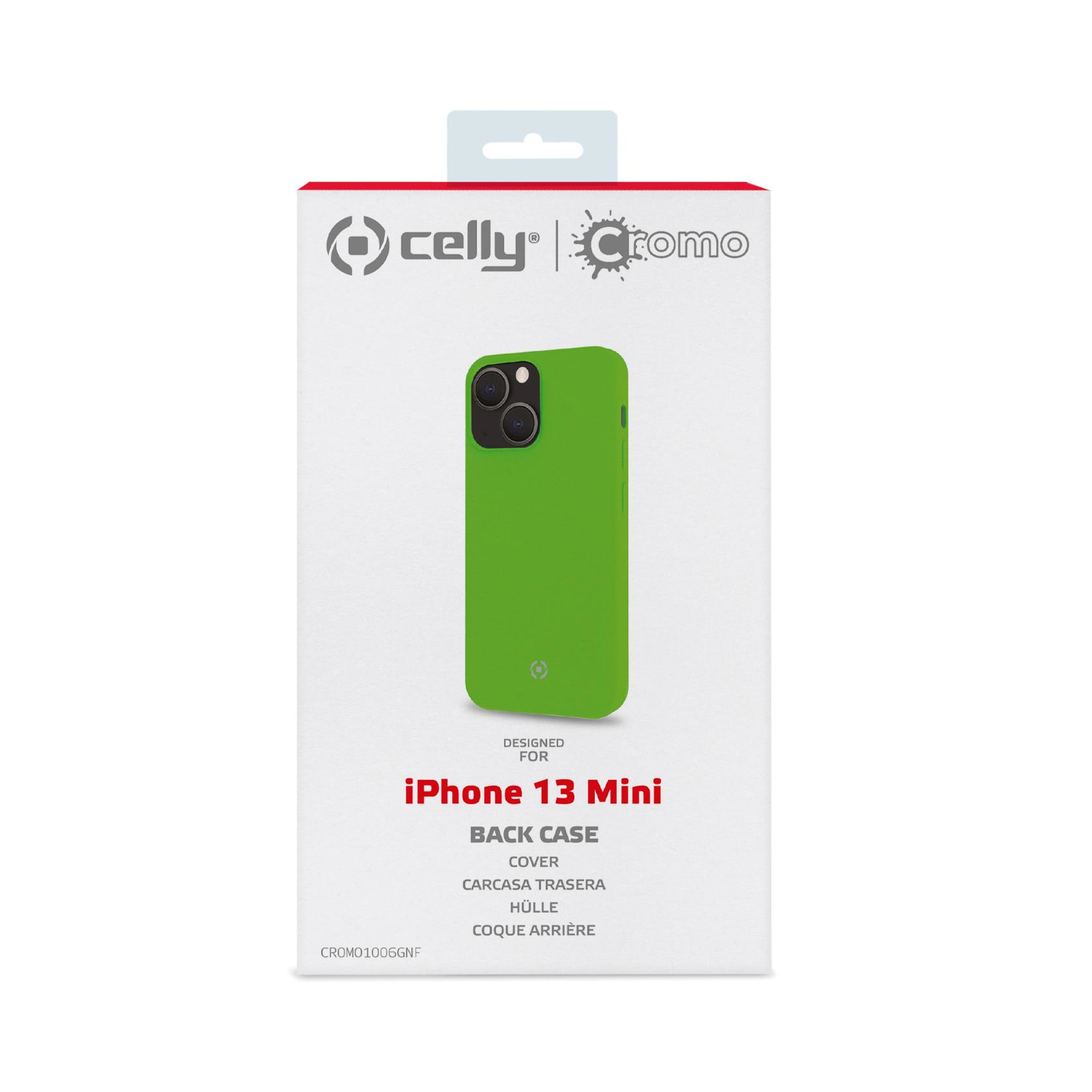 Custodia per iPhone 13 Mini in scatola verde, con dettagli del prodotto e logo. Sfondo bianco.