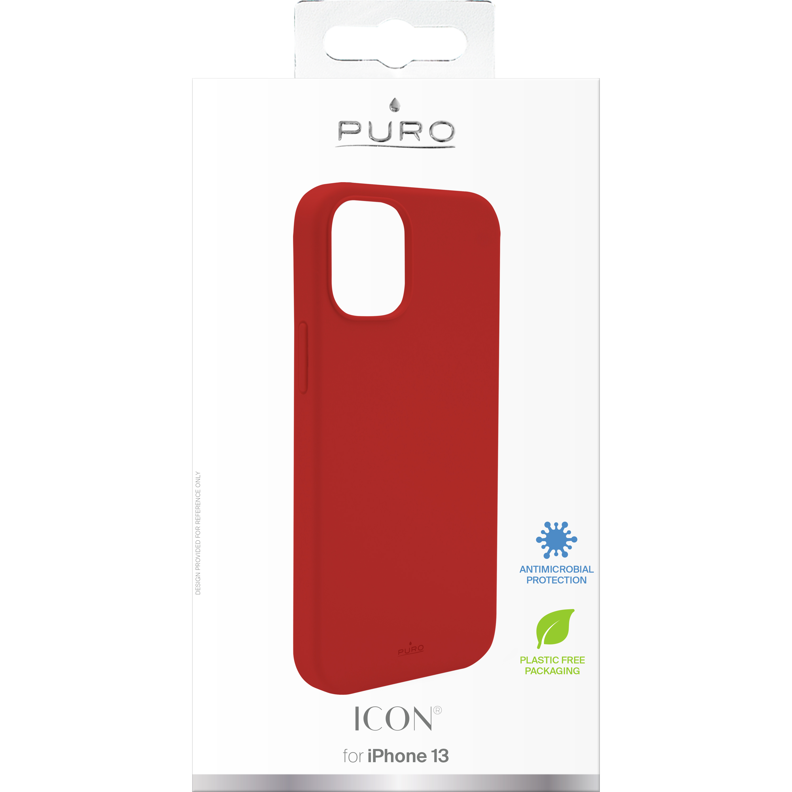 Custodia rossa in una scatola. La scatola ha il marchio PURO e info per iPhone 13.