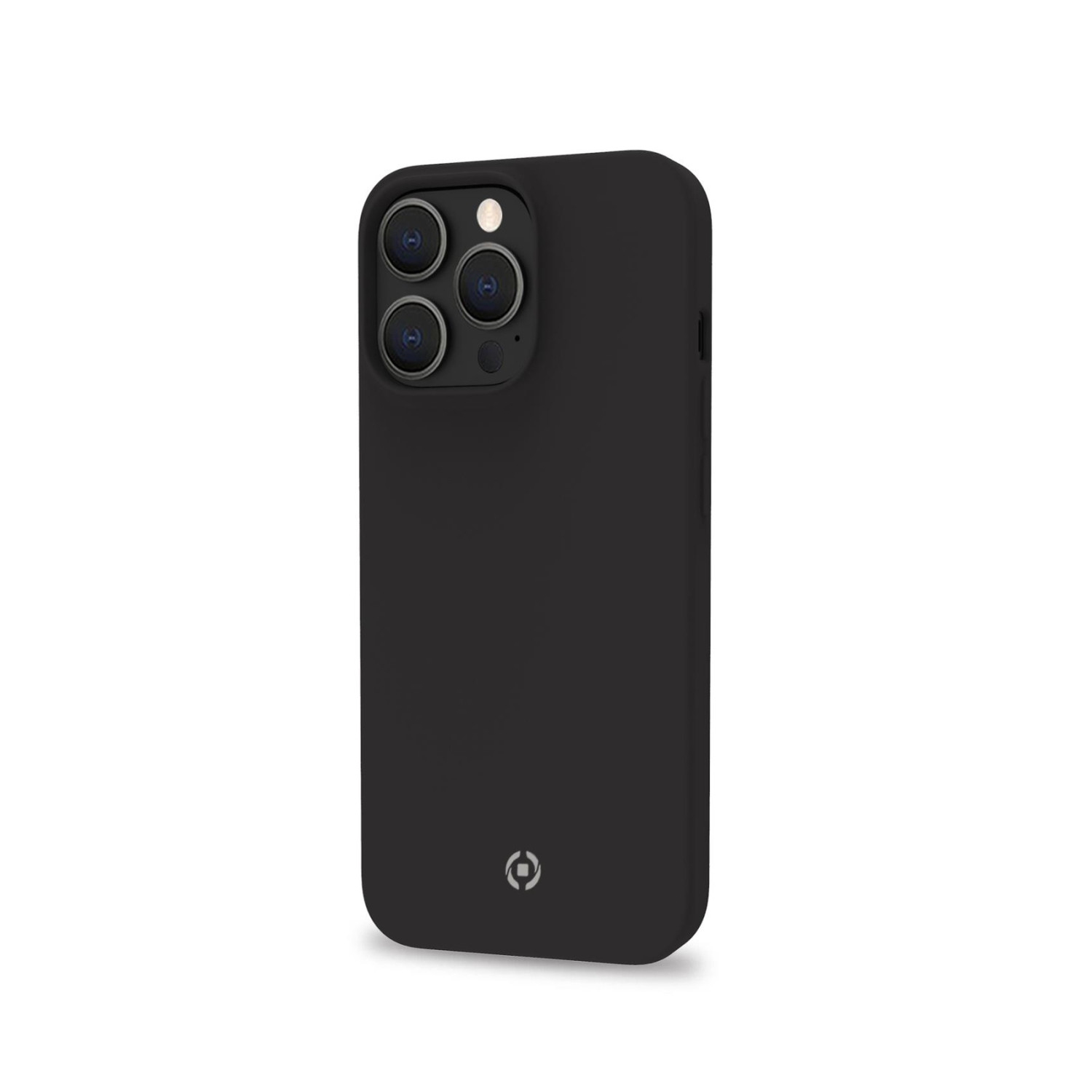 Custodia nera per telefono. La custodia ha tre fori per fotocamera e un logo.
