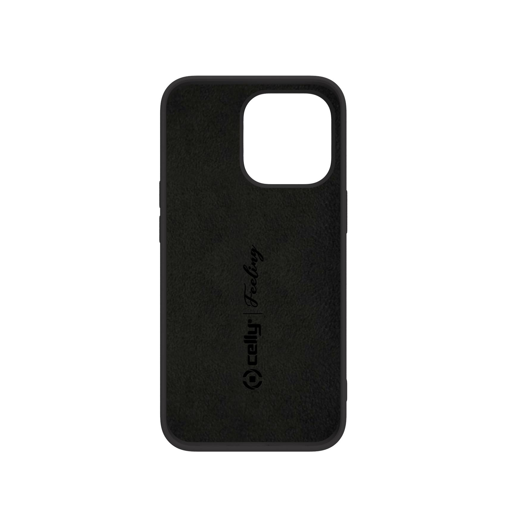 Custodia nera per telefono con ritaglio fotocamera e logo del marchio, su sfondo bianco.