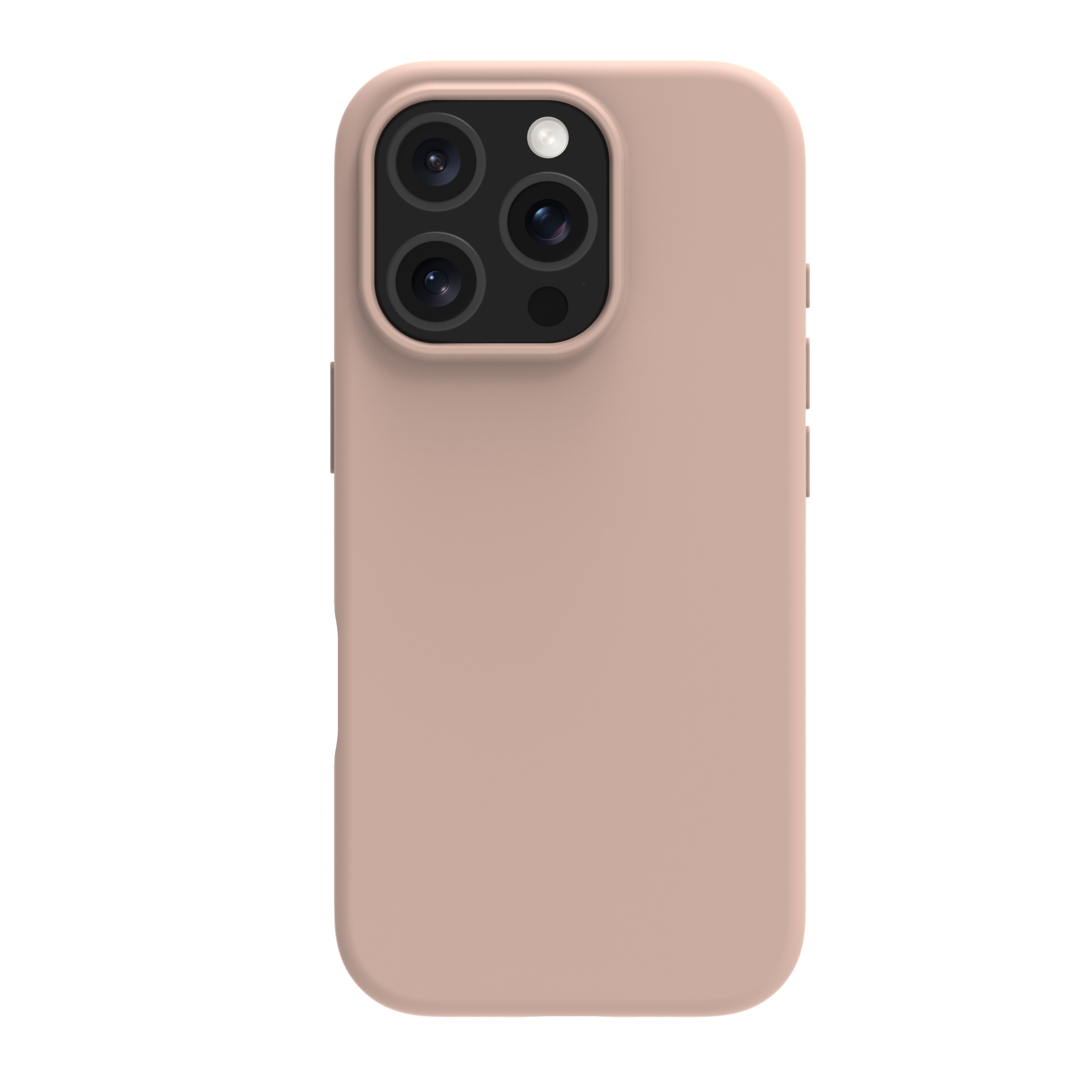 Una custodia rosa per telefono con tre fotocamere, su sfondo bianco. Le fotocamere sono in un quadrato nero.