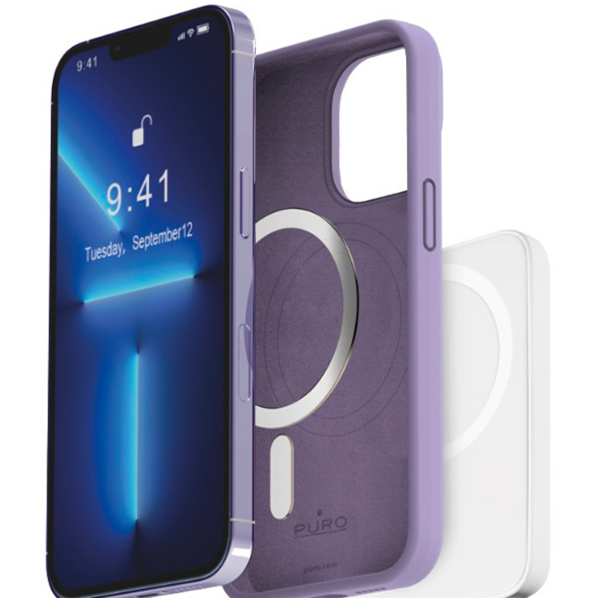 Telefono con custodia viola, un caricatore bianco.