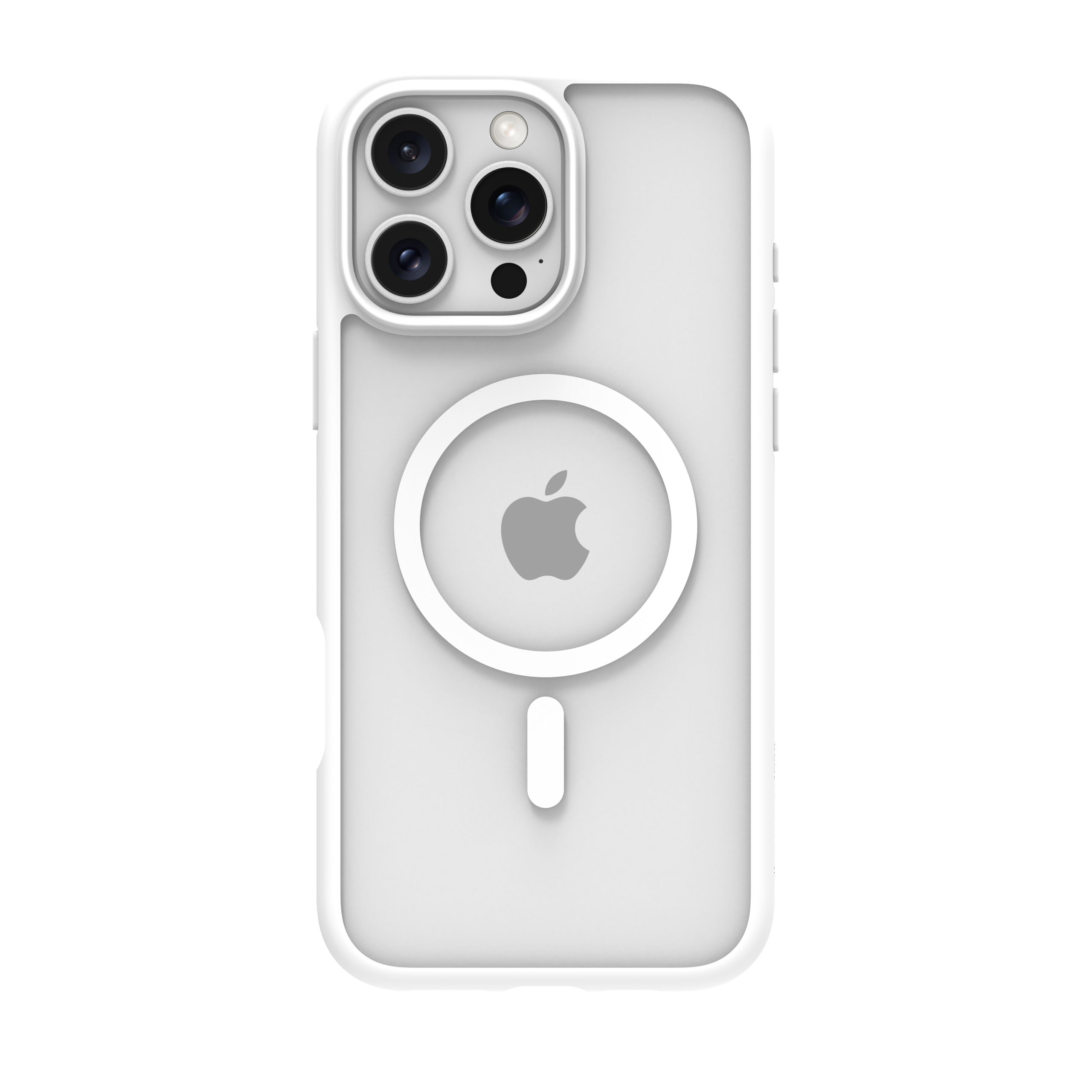 Una custodia bianca per telefono con retro trasparente e cerchio MagSafe. Per un iPhone.