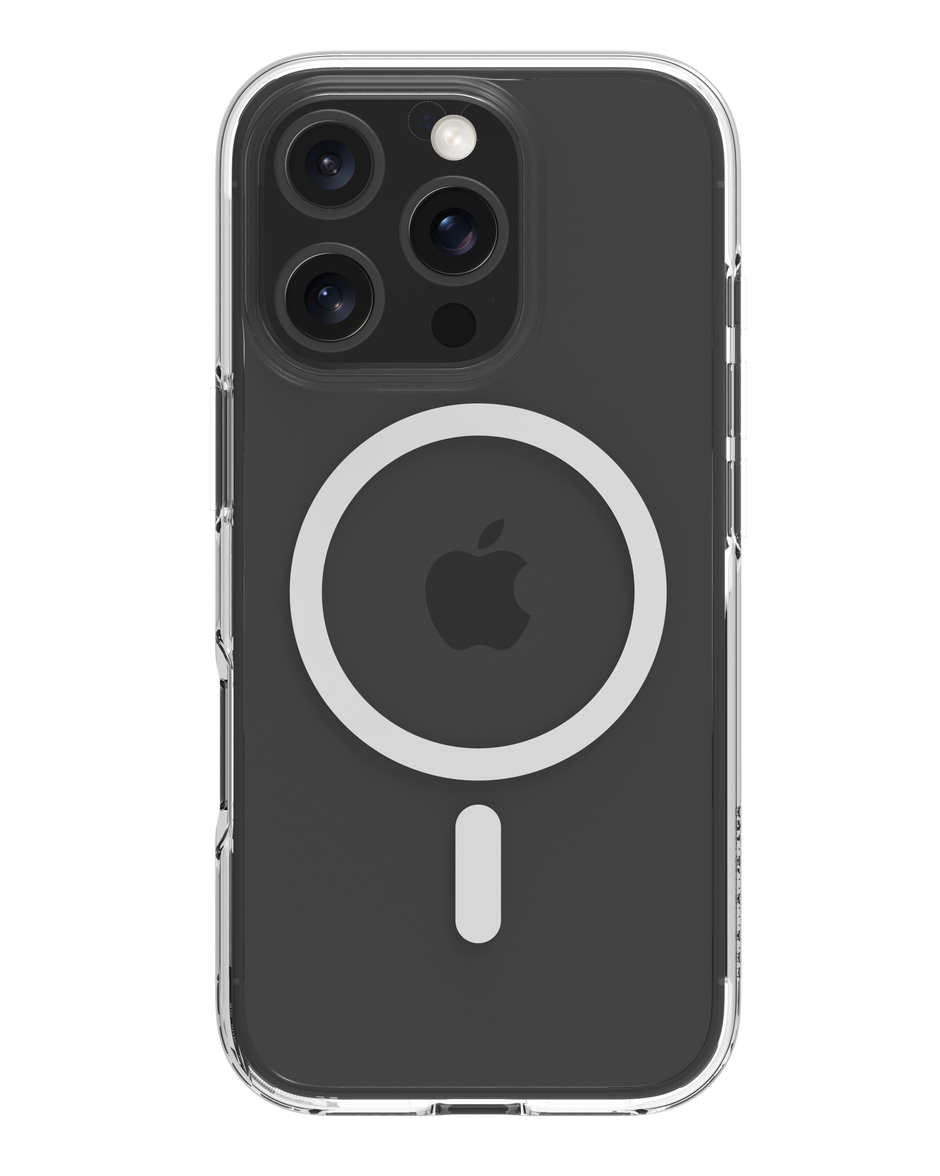 Una custodia trasparente per telefono con cerchio MagSafe e un iPhone. La parte posteriore del telefono è visibile.