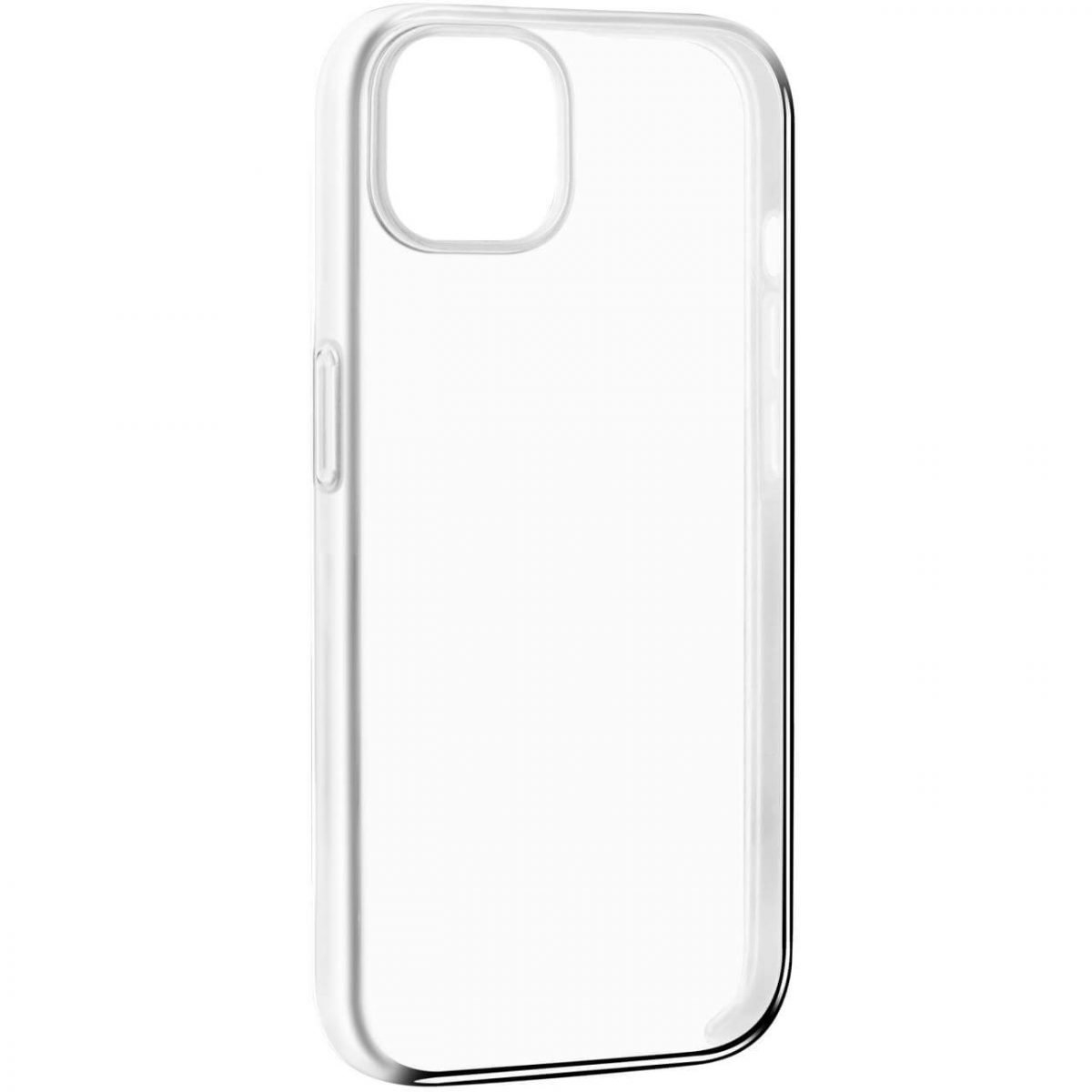 Custodia trasparente per telefono su sfondo bianco. Ha un ritaglio per la fotocamera e un design leggermente trasparente.