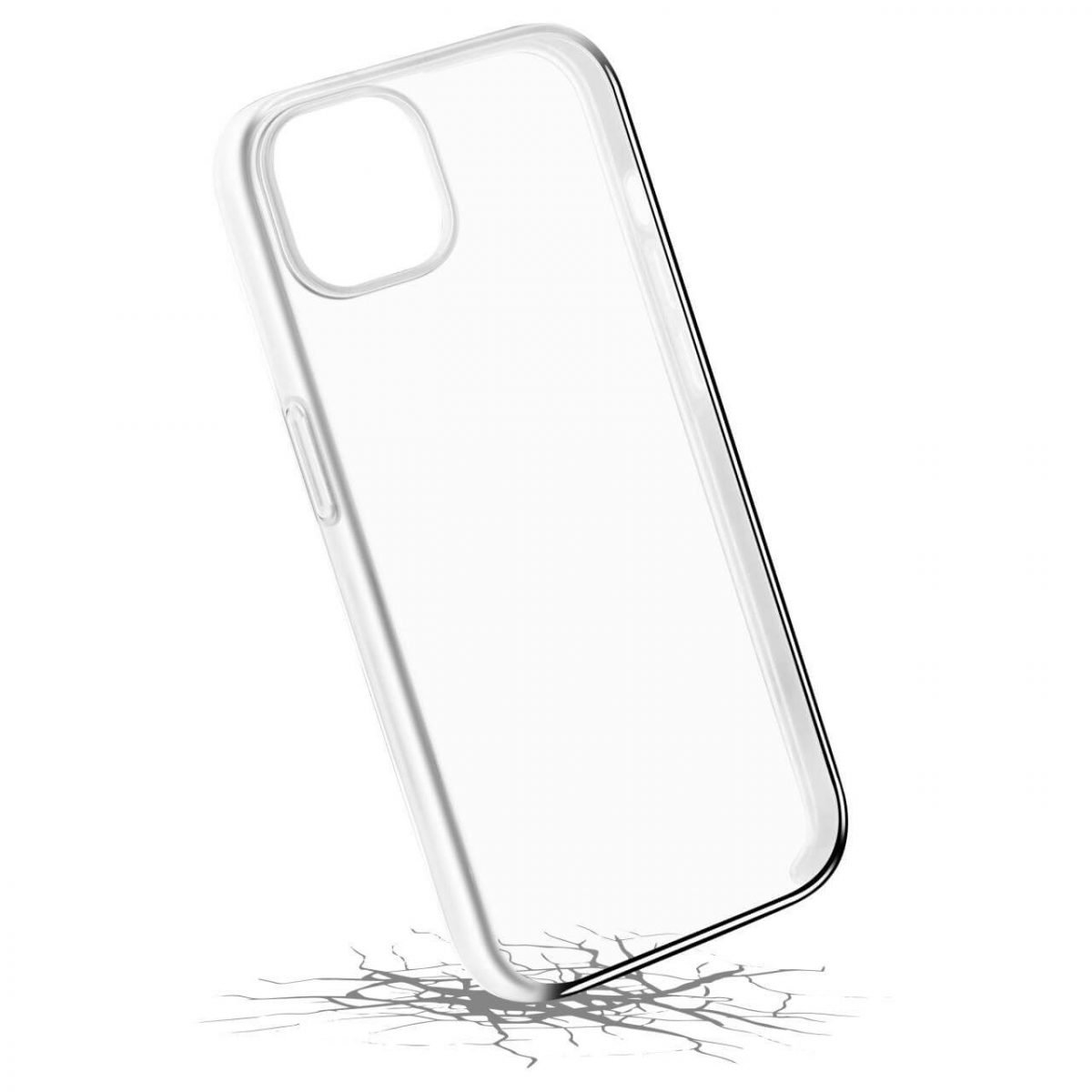 Custodia trasparente leggermente inclinata, con effetto crepa sul pavimento.