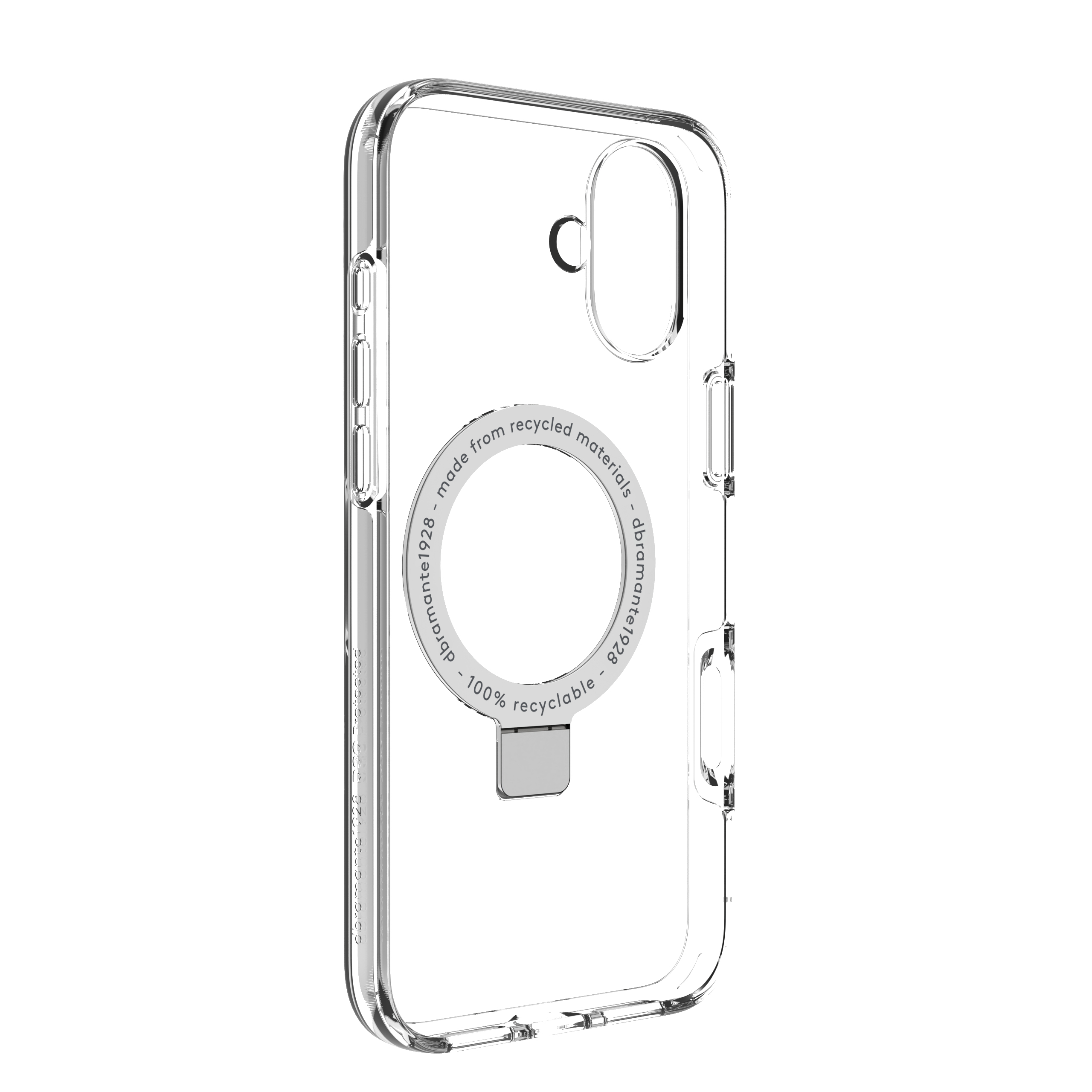 Custodia trasparente per telefono con un cerchio bianco e la scritta: "made from recycled materials".