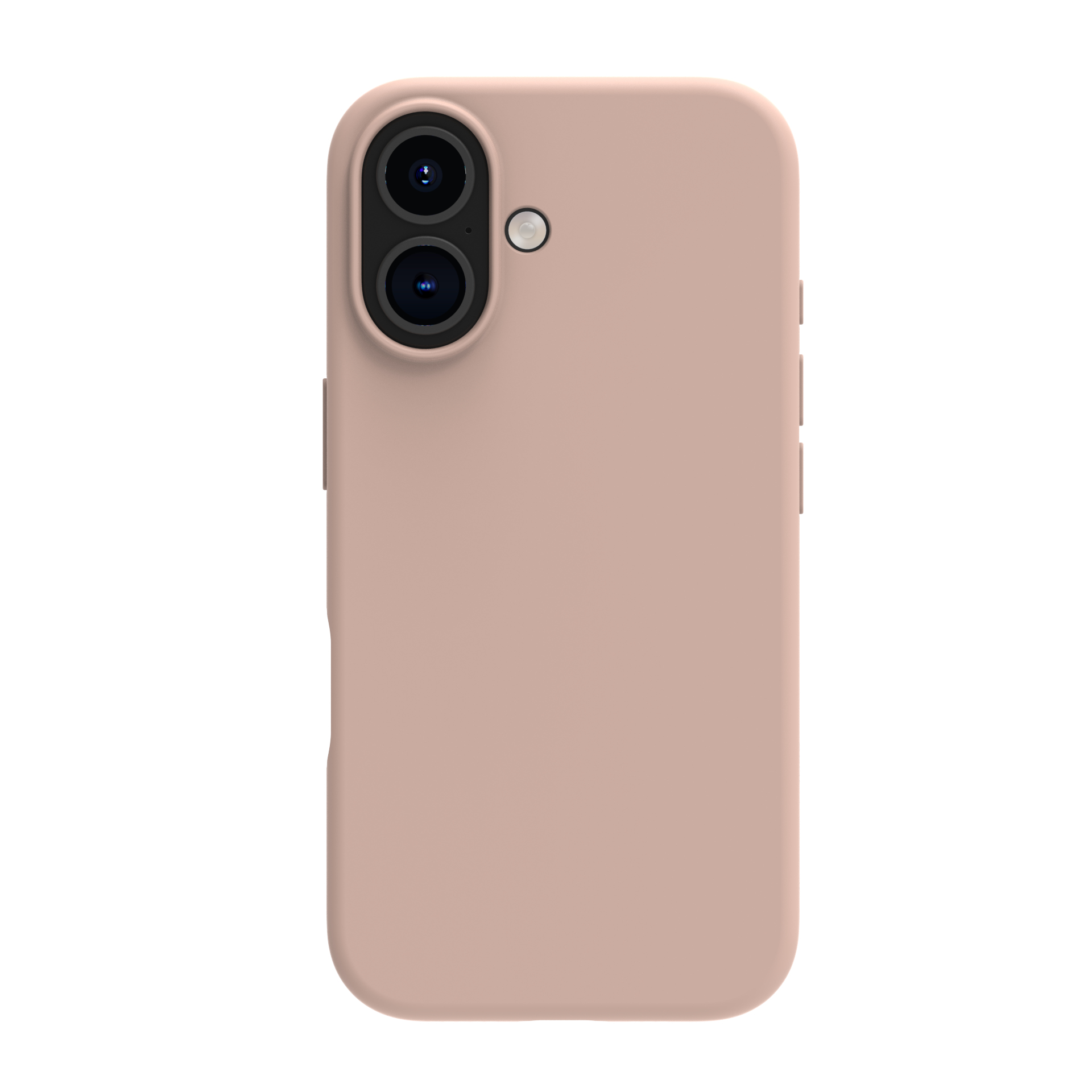 Custodia per telefono, colore rosa. Il telefono è nella custodia, due fotocamere visibili.