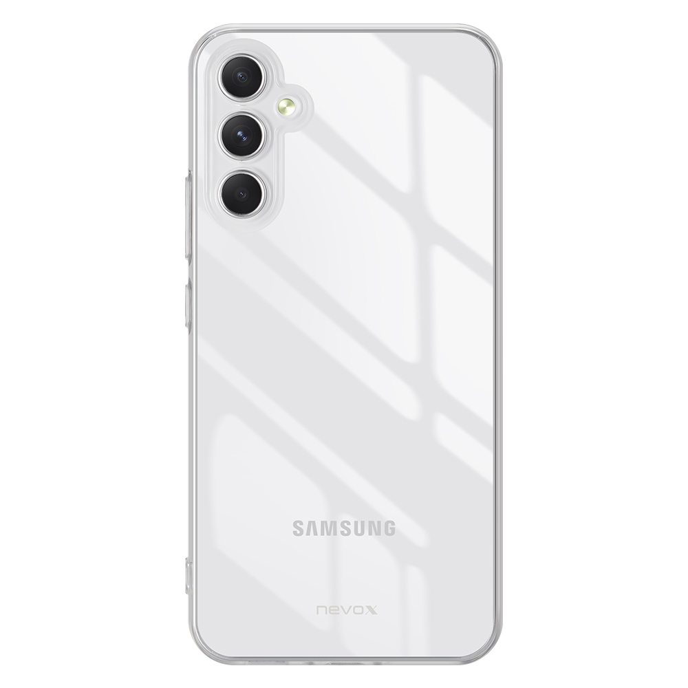 Telefono con custodia trasparente. Logo Samsung visibile. Sfondo bianco.