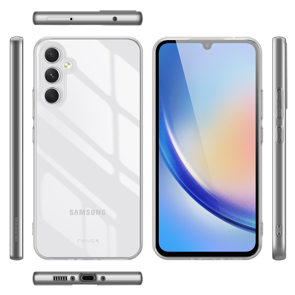 Un telefono e una custodia trasparente con viste multiple. Il logo Samsung è visibile.