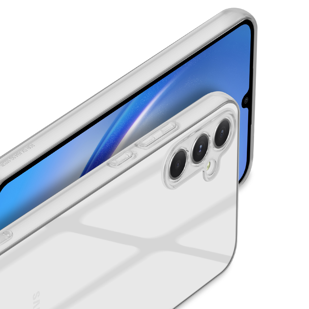 Custodia trasparente per telefono su uno smartphone, vista angolata. Sfondo bianco.