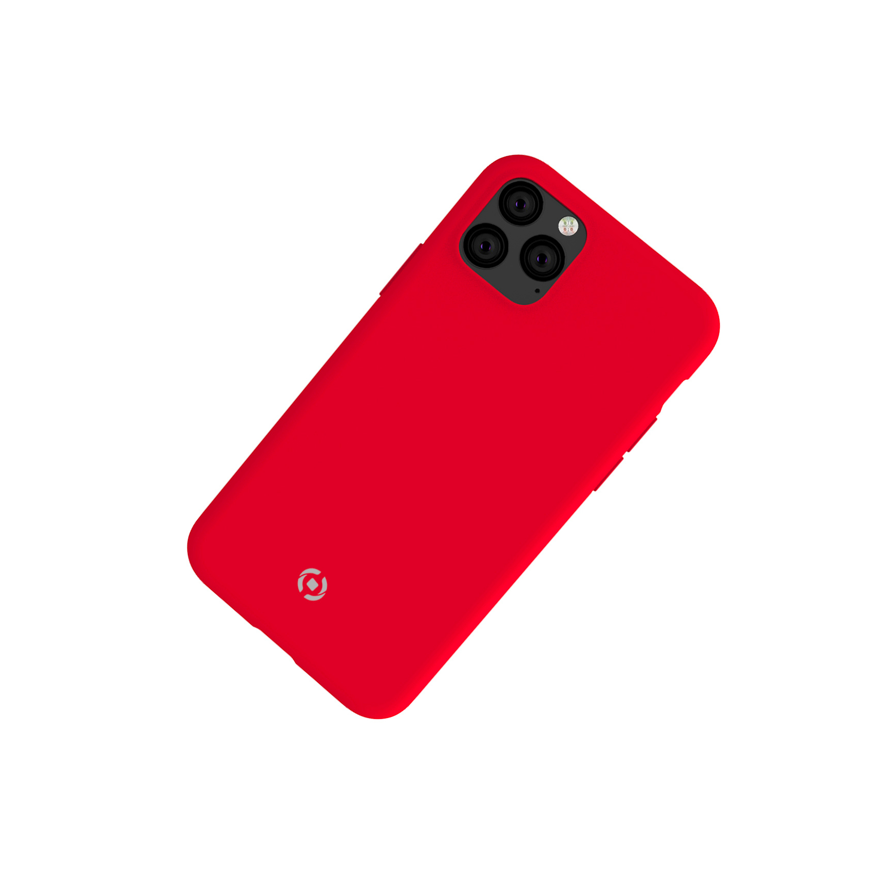 Custodia rossa per telefono, vista posteriore. Sfondo bianco. La custodia ha un logo.
