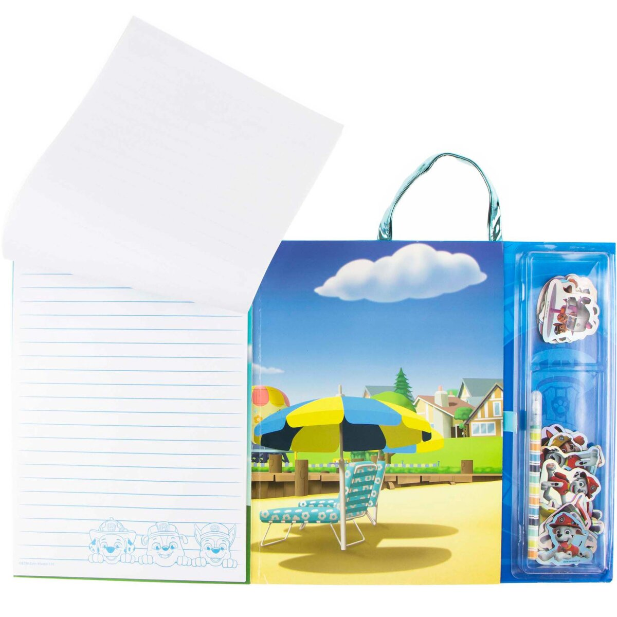 Paw Patrol Notizbuch geöffnet mit einer Strand-Szene-Illustration darin.